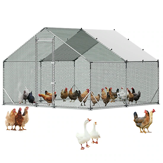 HONGGE Large Metal Chicken Coop Walk-in Chicken Run House with Waterproof Cover & Sturdy Frame Spire Roof Poultry Cage