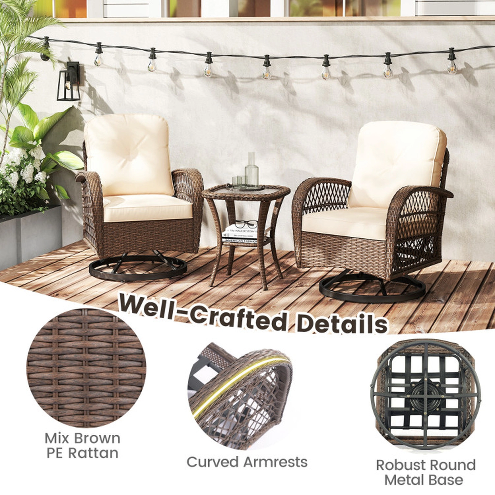 SUGIFT Tempered Glass Side Table and Cushions 3-Piece Patio Swivel Rocker Set