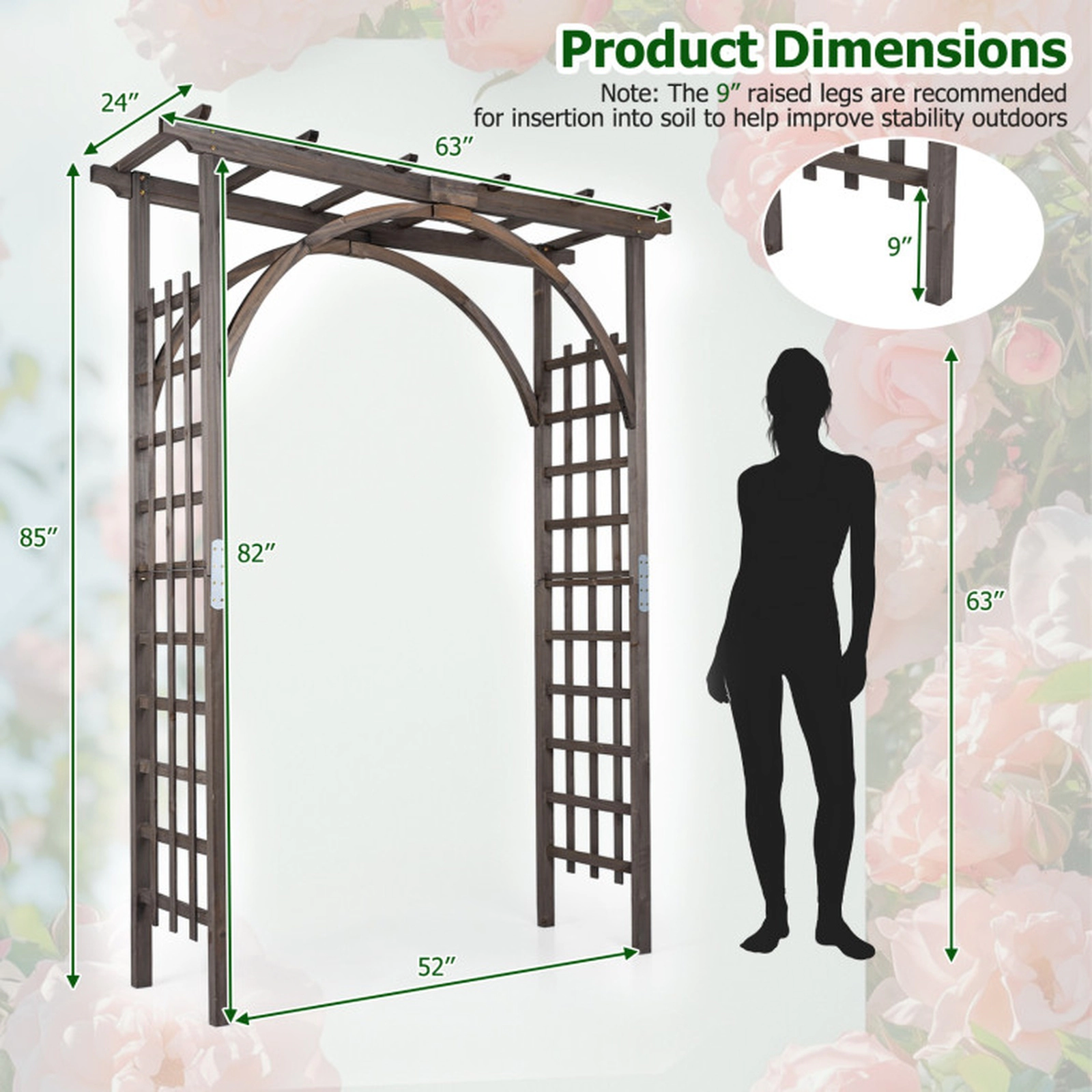 SUGIFT 85-in Flat Top Dark Brown Fir Wood Garden Arch Trellis with 52-in Wide Entry and Metal Connectors