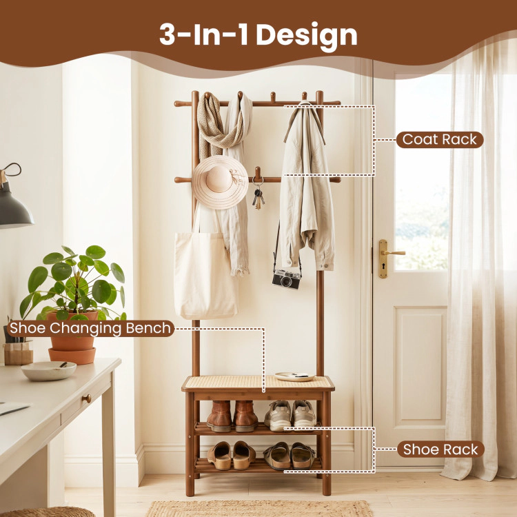 Hivvago Bamboo Hallway Organizer with Rattan-Style Bench, Coat Hooks & Shoe Shelves