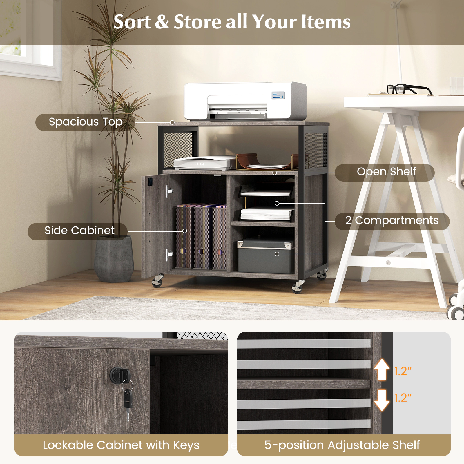 SUGIFT Mobile File Cabinet with Charging Station, Lockable Cabinet and Adjustable Shelves 230-lb Capacity Gray