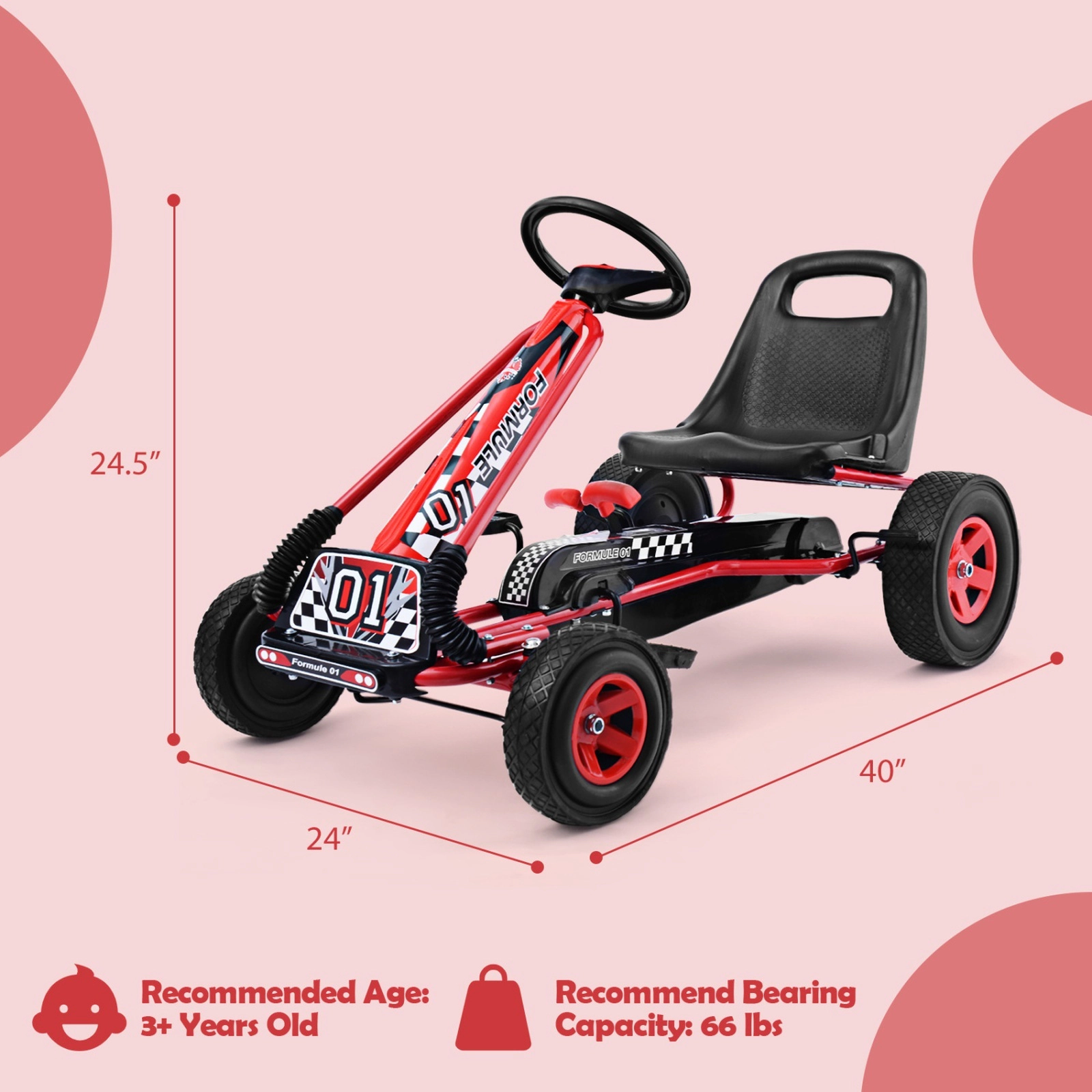 4-Wheel Pedal Go Kart for Ages 3-8 with Low Seat High Backrest and 3-Point Steering Wheel Indoor Outdoor Racer Pedal Car