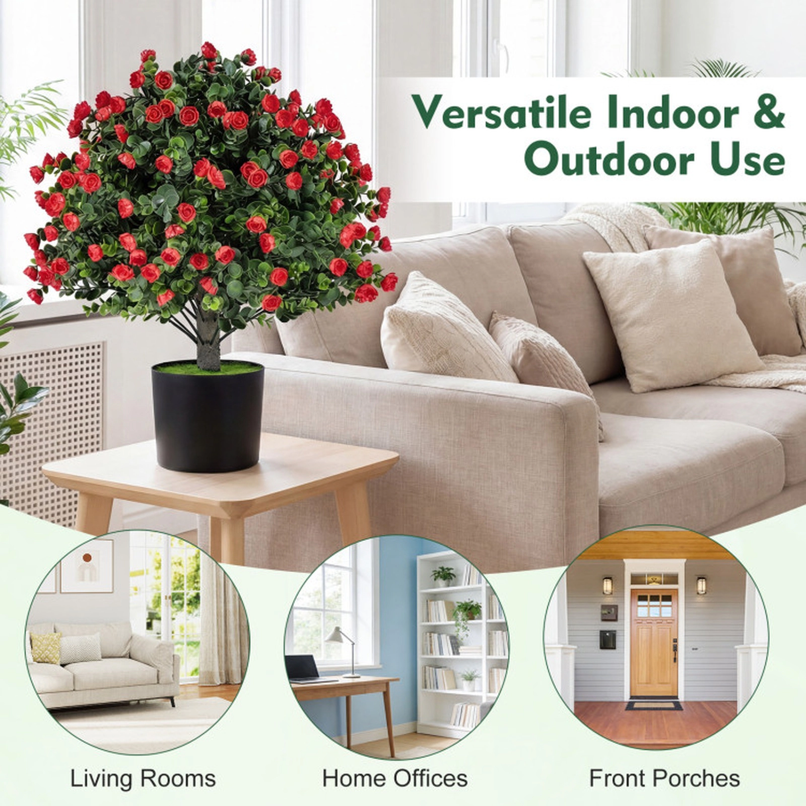 SUGIFT Set of 2 20-in Artificial Red Rose Topiary Ball Trees with Faux Grass and Cement-Filled Pots