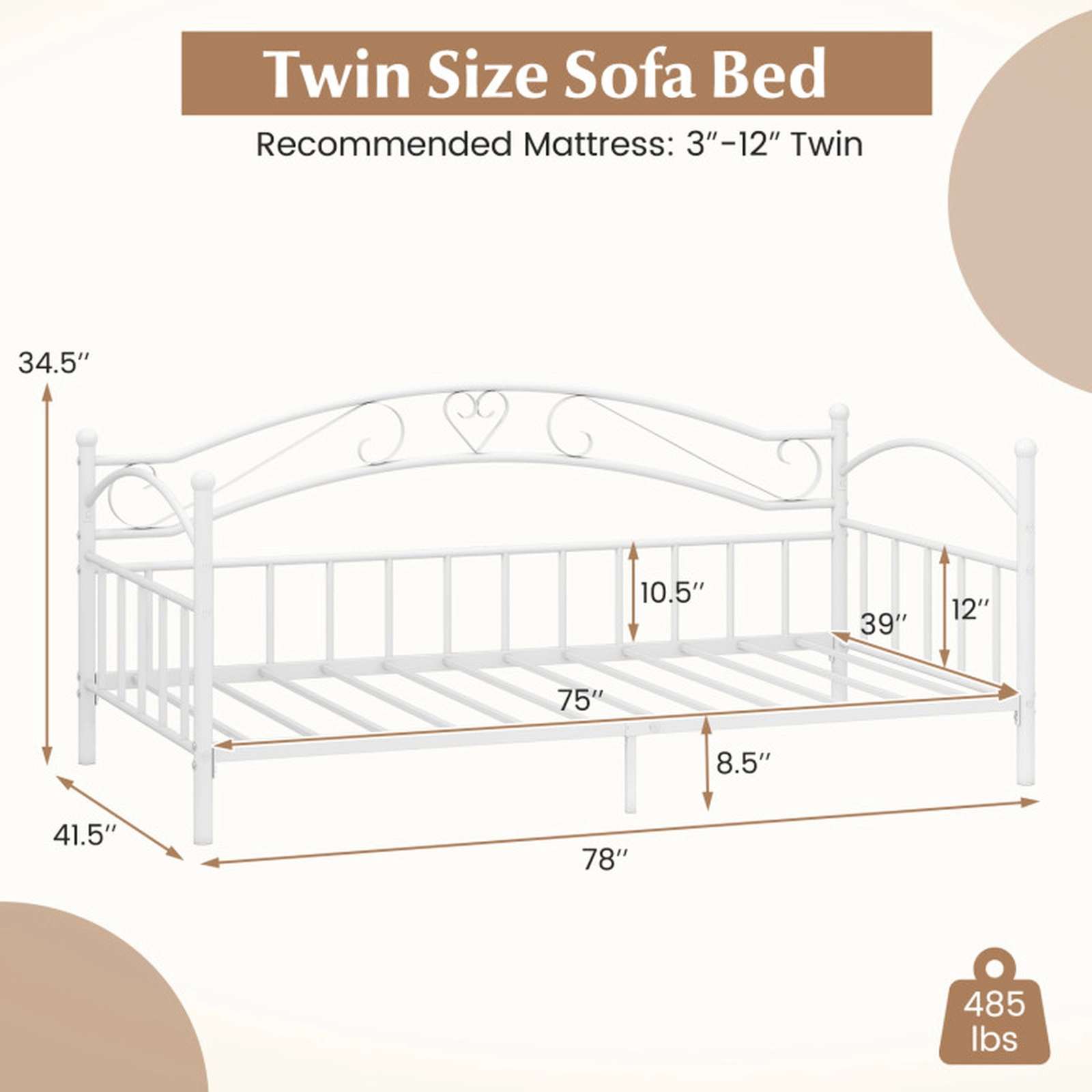 SUGIFT Twin Size Scrollwork Headboard 12 Slats Metal Daybed Frame 78-in x 41.5-in x 34.5-in 485-lb Capacity White