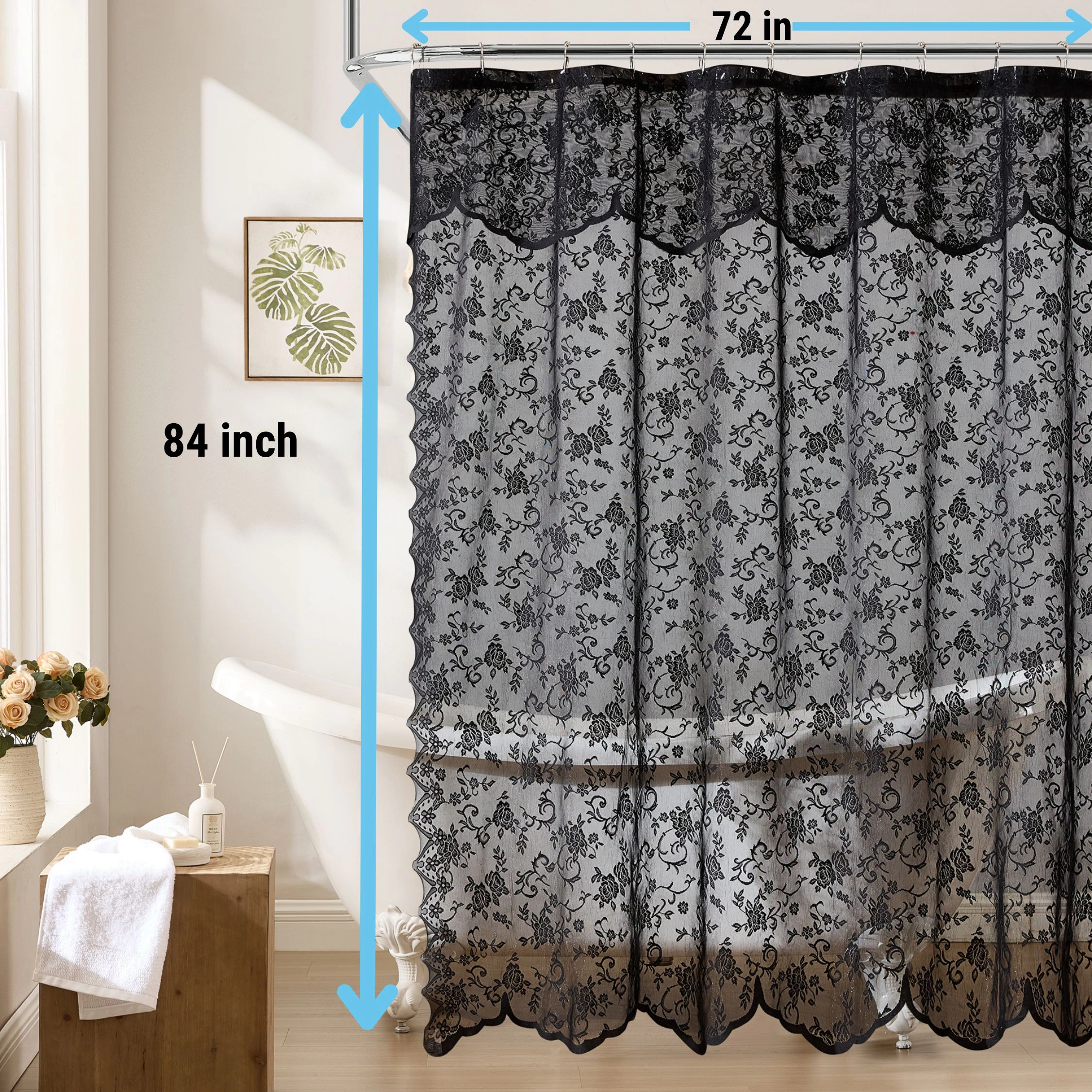 HLC.ME Harper Victorian Lace Shower Curtain with Floral Vine Design and Attached Valance