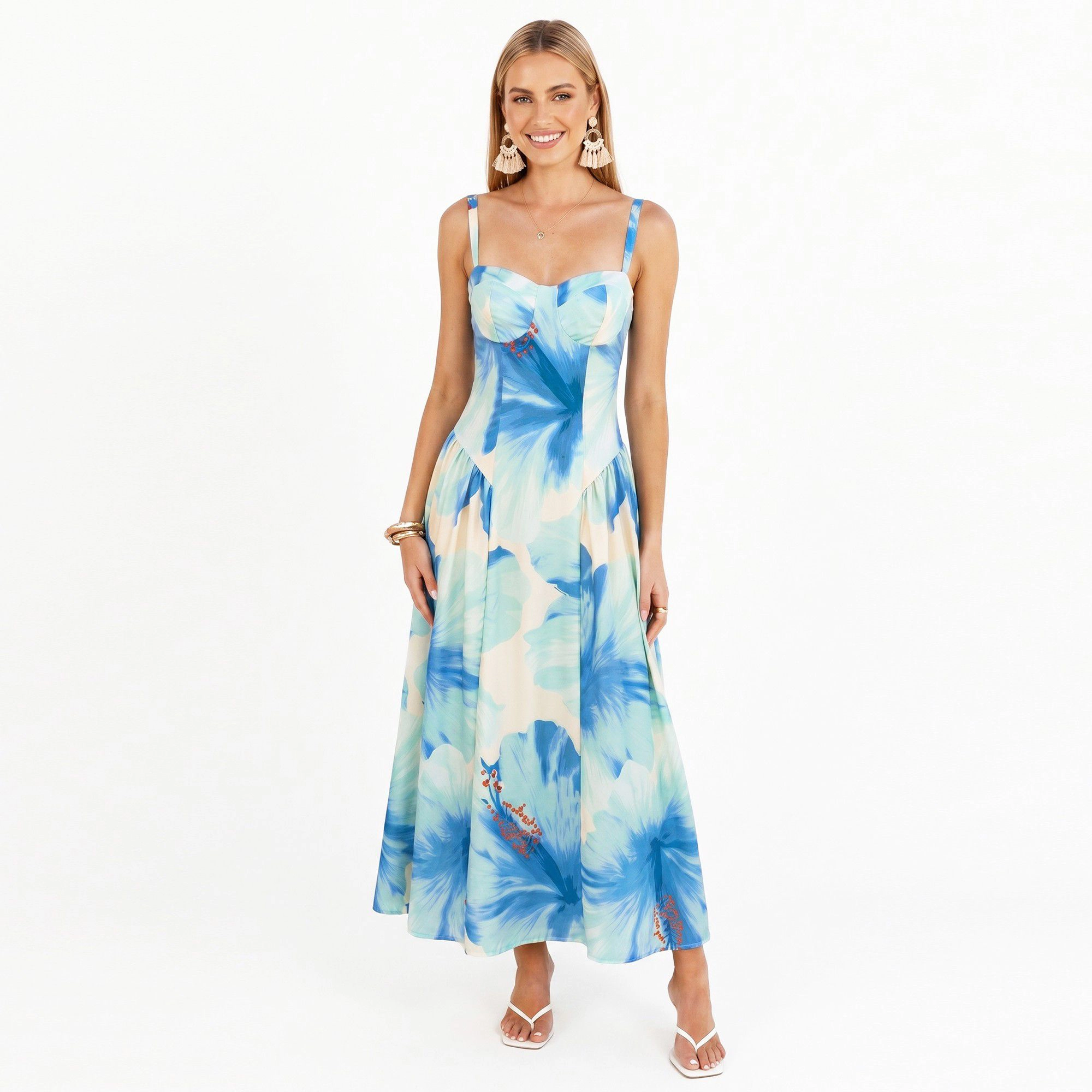 Anna-Kaci Women's Floral Sweetheart Bodice Smocked Back Maxi Dress