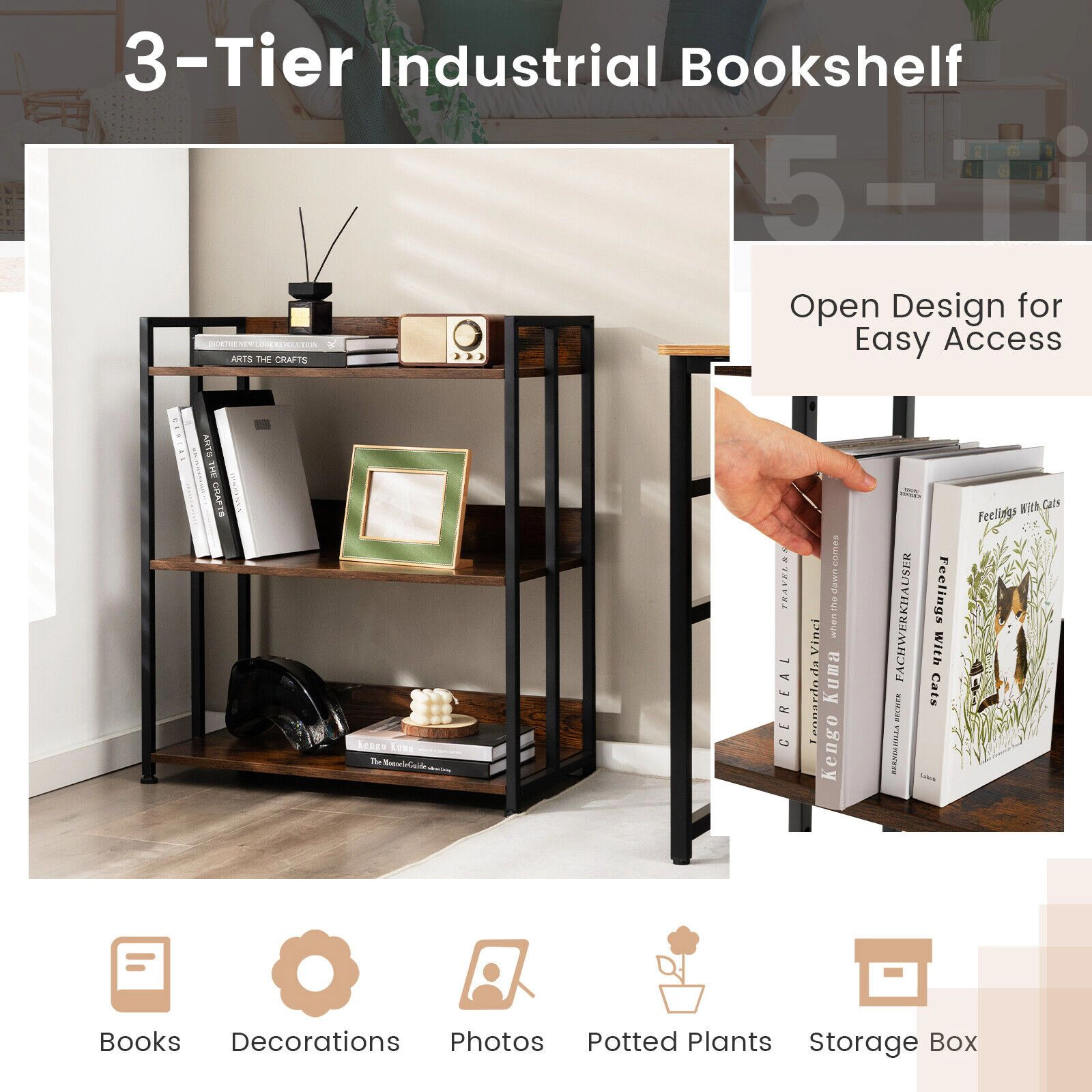 SlickBlue Adjustable Industrial Bookcase with Open Shelves