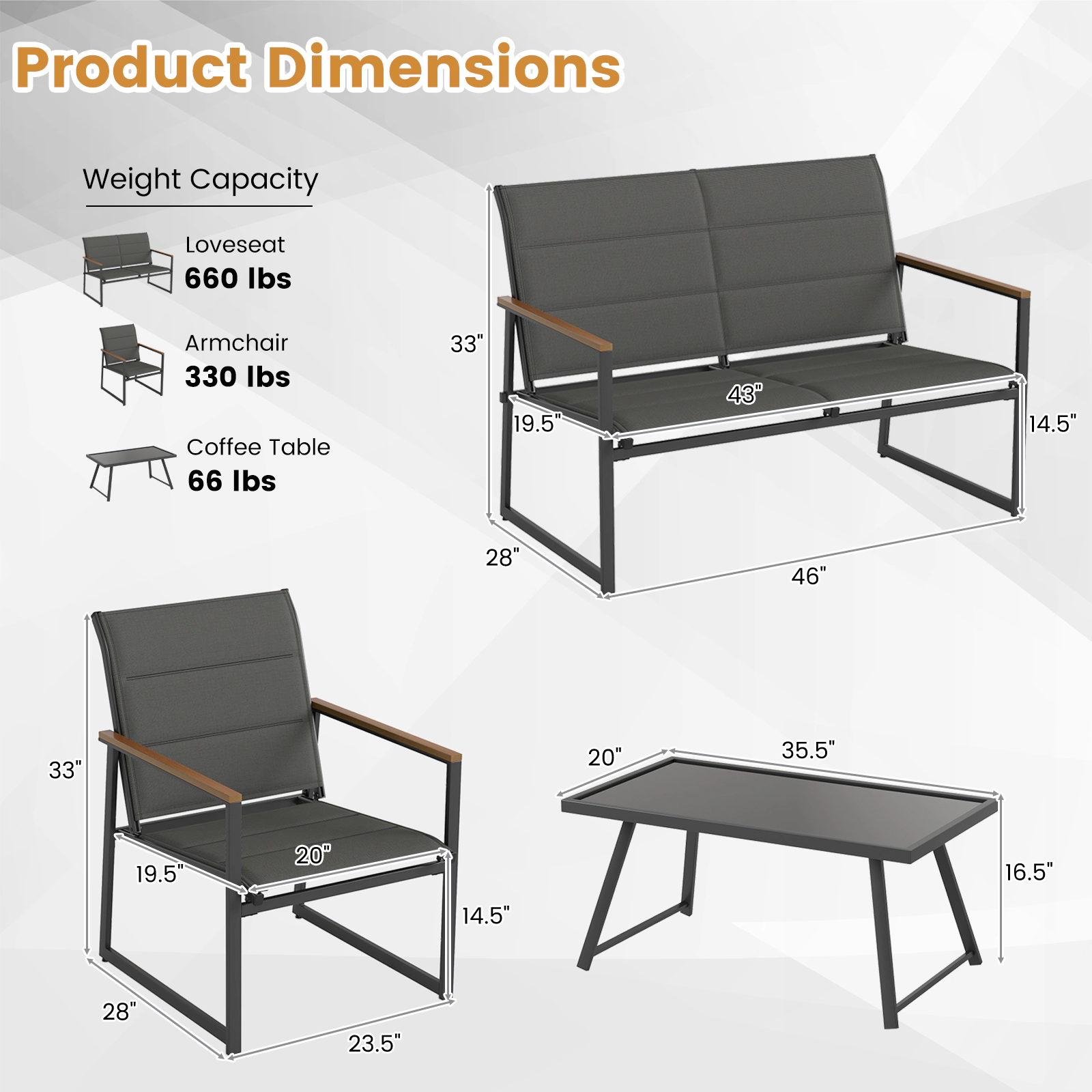 SUGIFT 4-Piece Gray Outdoor Patio Conversation Set with Loveseat, 2 Armchairs and Glass-Top Table