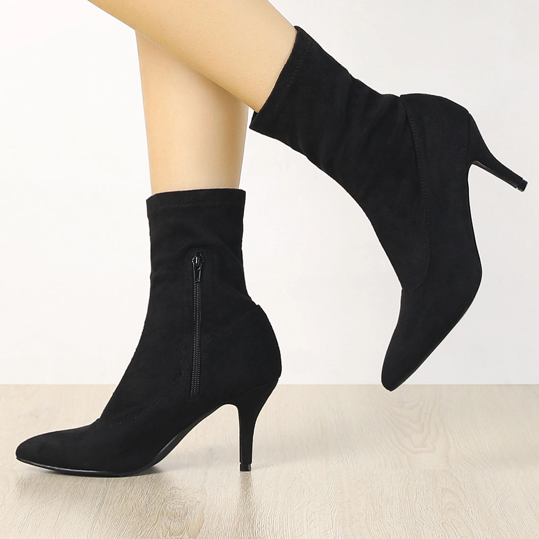 BLISSFUL STEP Women Pointy Toe Stretch Sock Stiletto Heels Ankle Boots