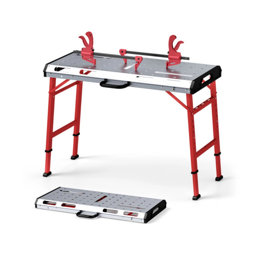 SUGIFT 7-Level Adjustable Galvanized Top 2 Bar Clamps Folding Welding Table 42-in x 21-in 1000-lb Capacity Silver