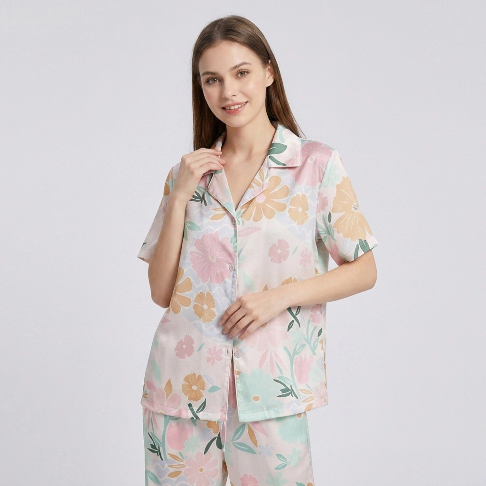 Anna-Kaci Women's 2-Piece Soft Floral Pajama Set with Short Sleeve Button Top and Wide Leg Pants