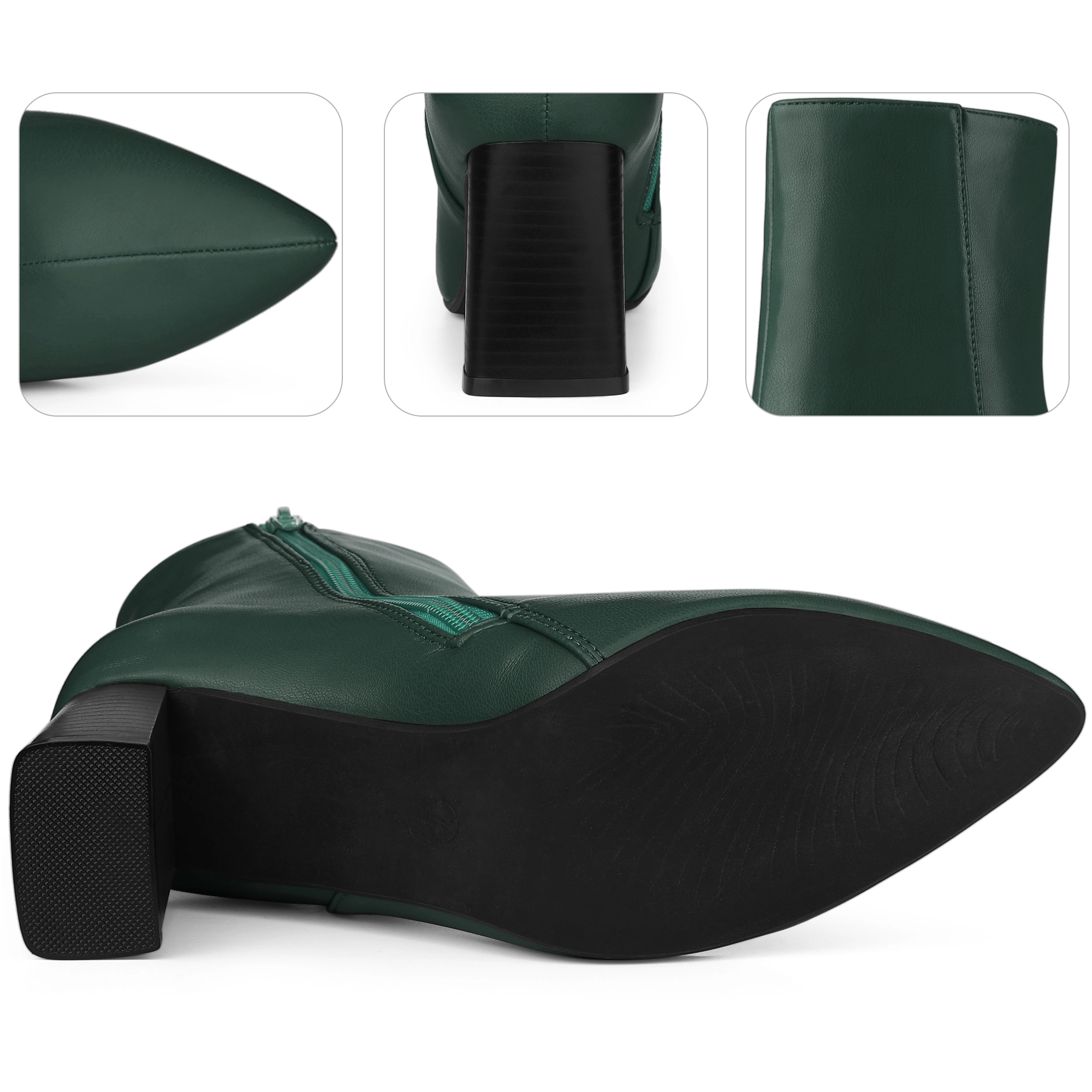 BLISSFUL STEP Women Faux Leather Pointed Toe Chunky Block Heel Ankle Booties
