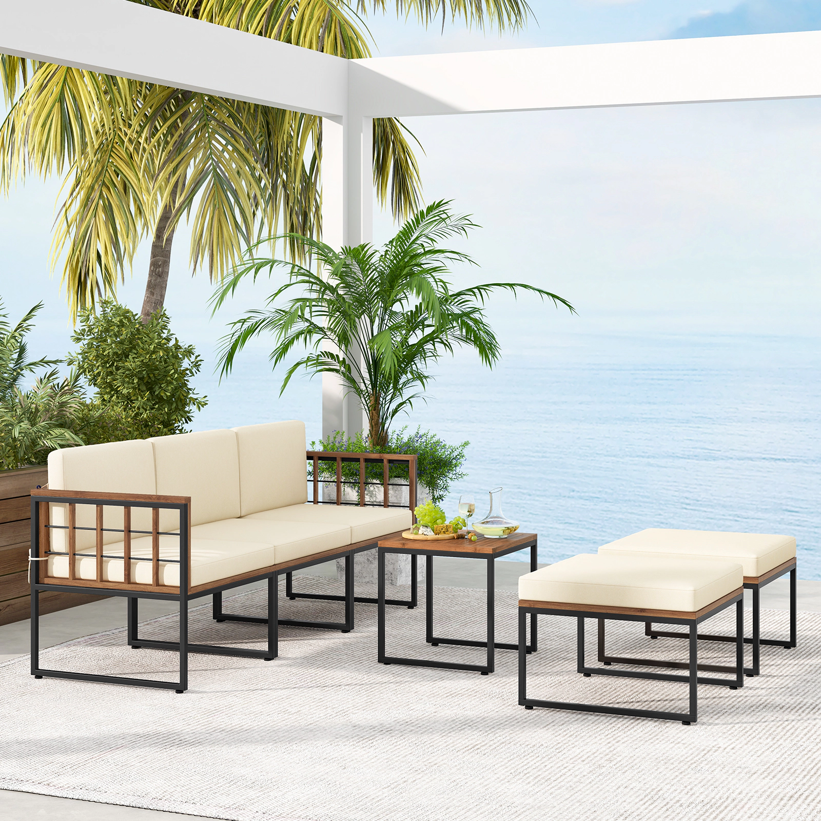 LJG 6 Pieces Acacia Wood Patio Furniture Set with Coffee Table and Ottomans