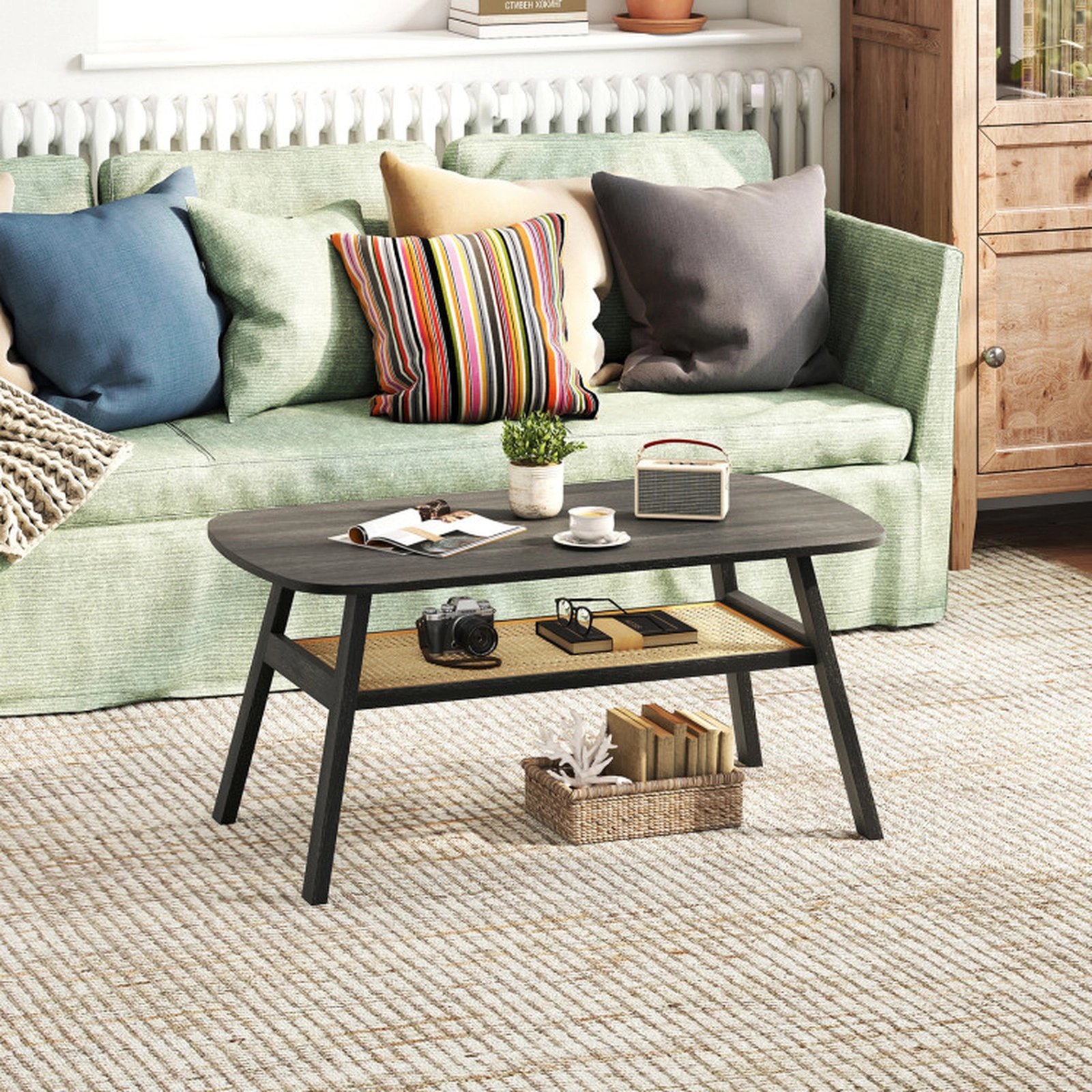 SUGIFT 2-Tier Rectangular Center Coffee Table with Rattan Storage Shelf 220-lb Tabletop Capacity Dark Gray & Natural
