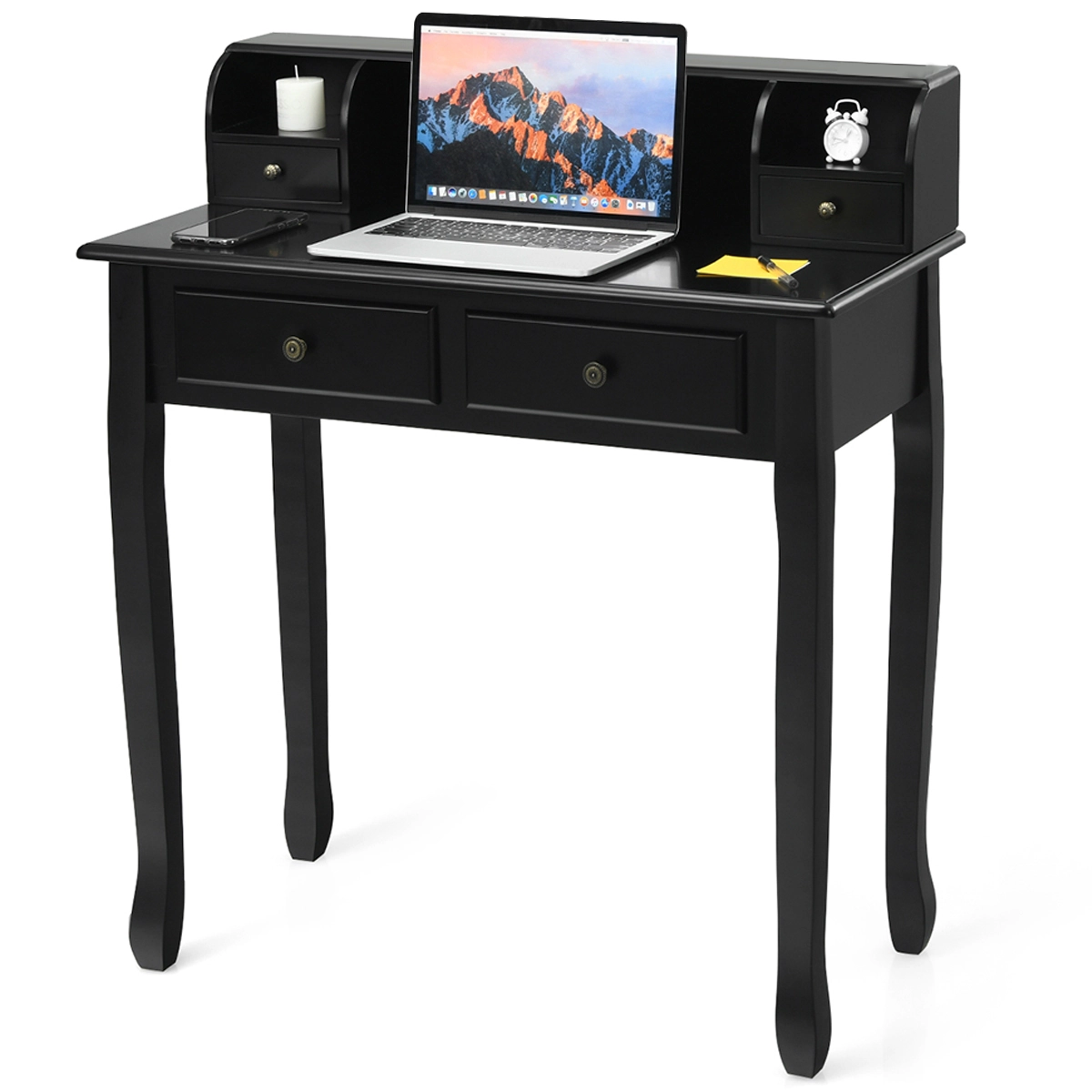 SUGIFT Black 2-Tier Vanity Writing Desk with 4 Drawers and Detachable Cabinet