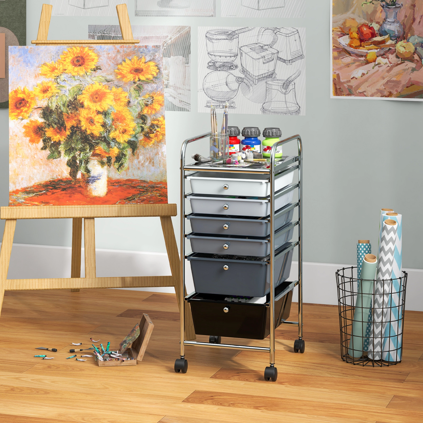 SUGIFT 6-Drawer Rolling Storage Cart Organizer with Steel Frame and Braked Wheels