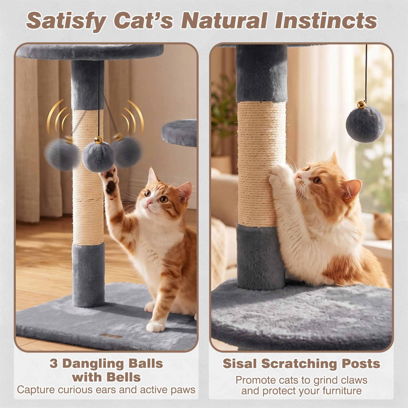 SUGIFT Gray 6-Tier Floor to Ceiling Cat Tree with Rotatable Bed and Sisal Posts