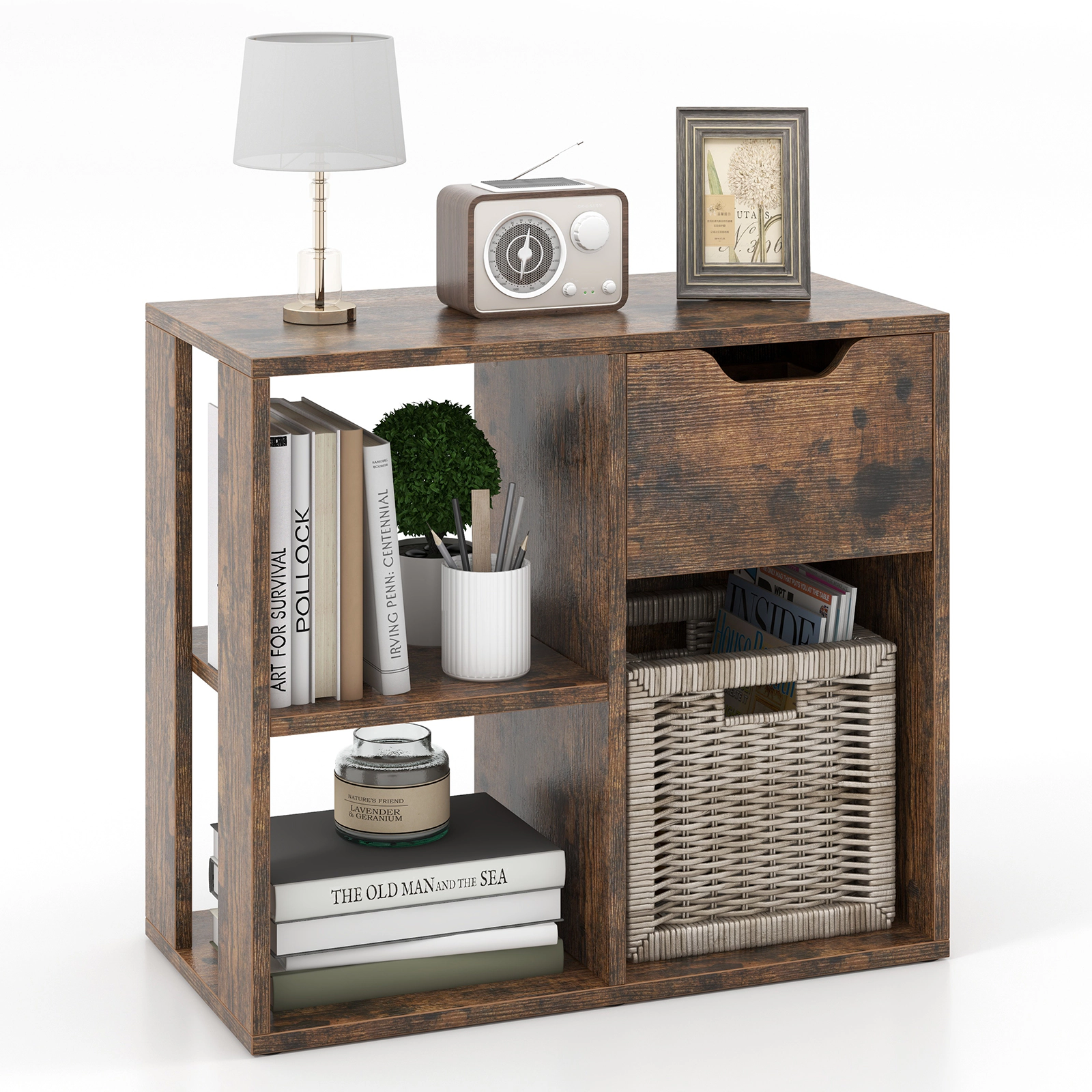 SUGIFT 3-Cube Bookcase 2-Tier Storage Shelf with Pull-Out Drawer