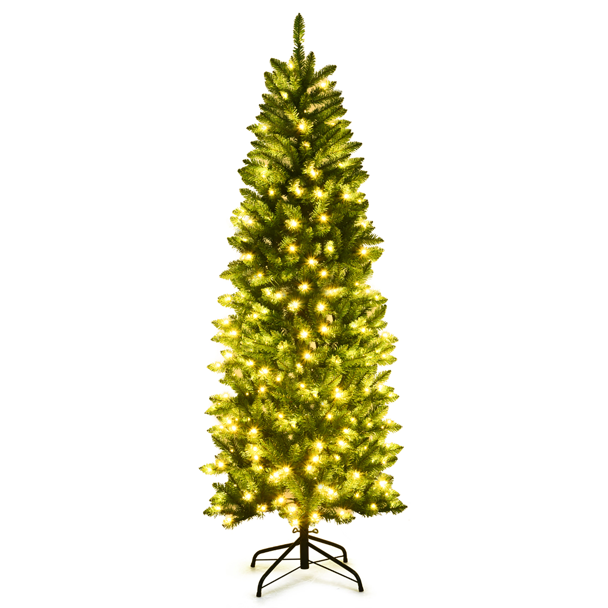 Costway 5/6/7Ft Pre-lit Artificial Pencil Christmas Tree Hinged Fir PVC Tree with 150/250/350 LED Lights