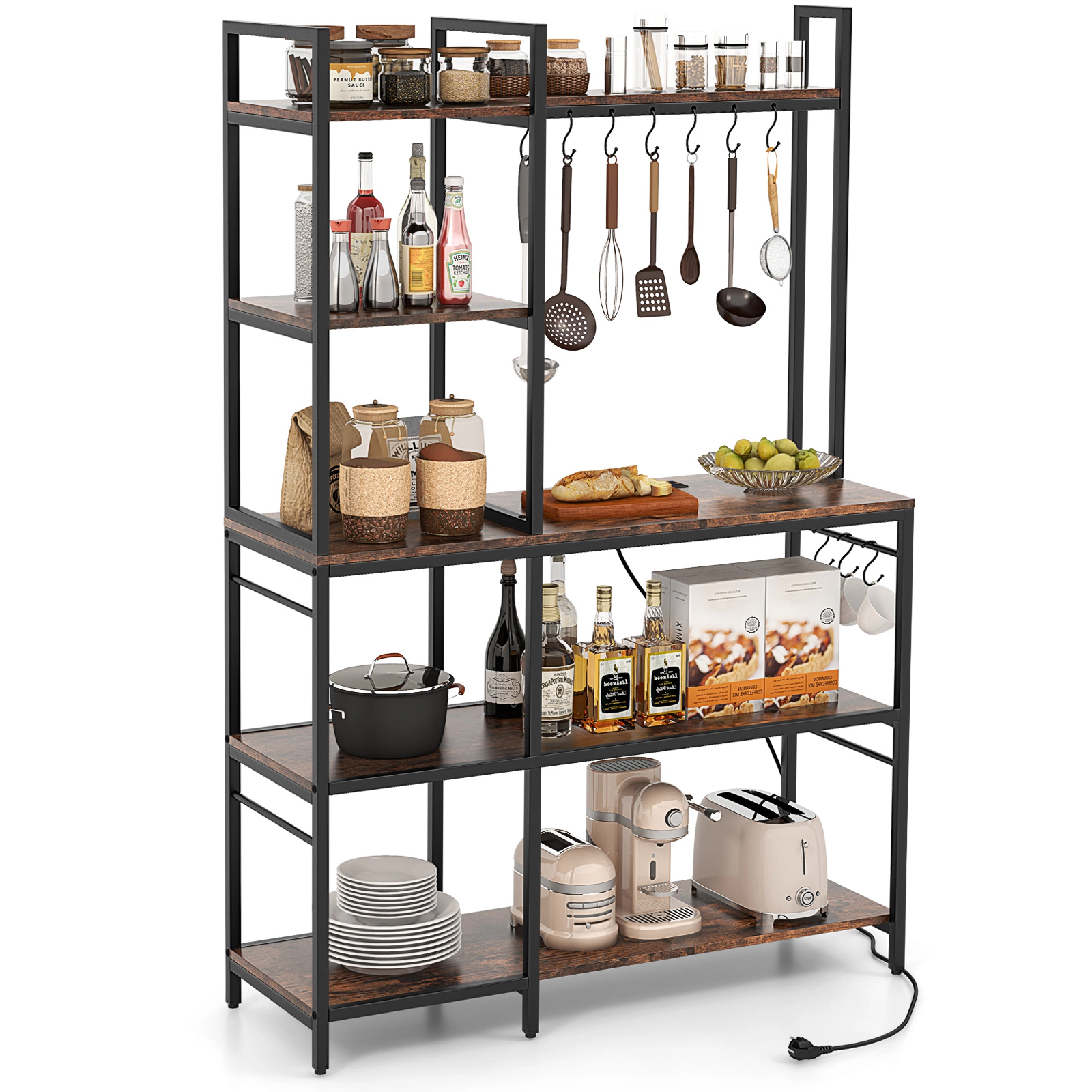 SUGIFT 5-Tier Bakers Rack Rustic Brown with Power Outlets and 10 S-Shaped Hooks