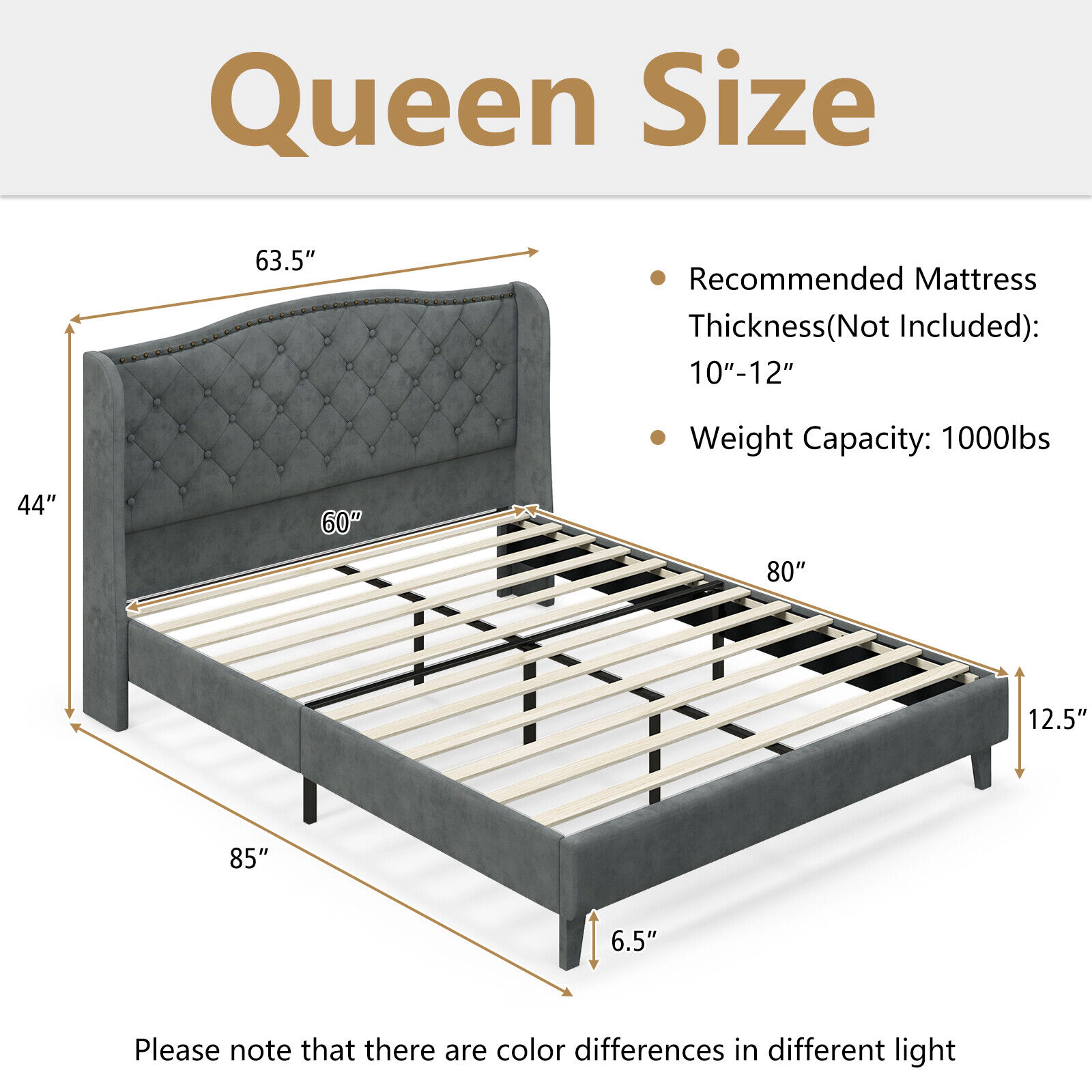 SUGIFT Full/Queen Upholstered Platform Bed Frame with Button Tufted 44-in Headboard 1000-lb Capacity Gray