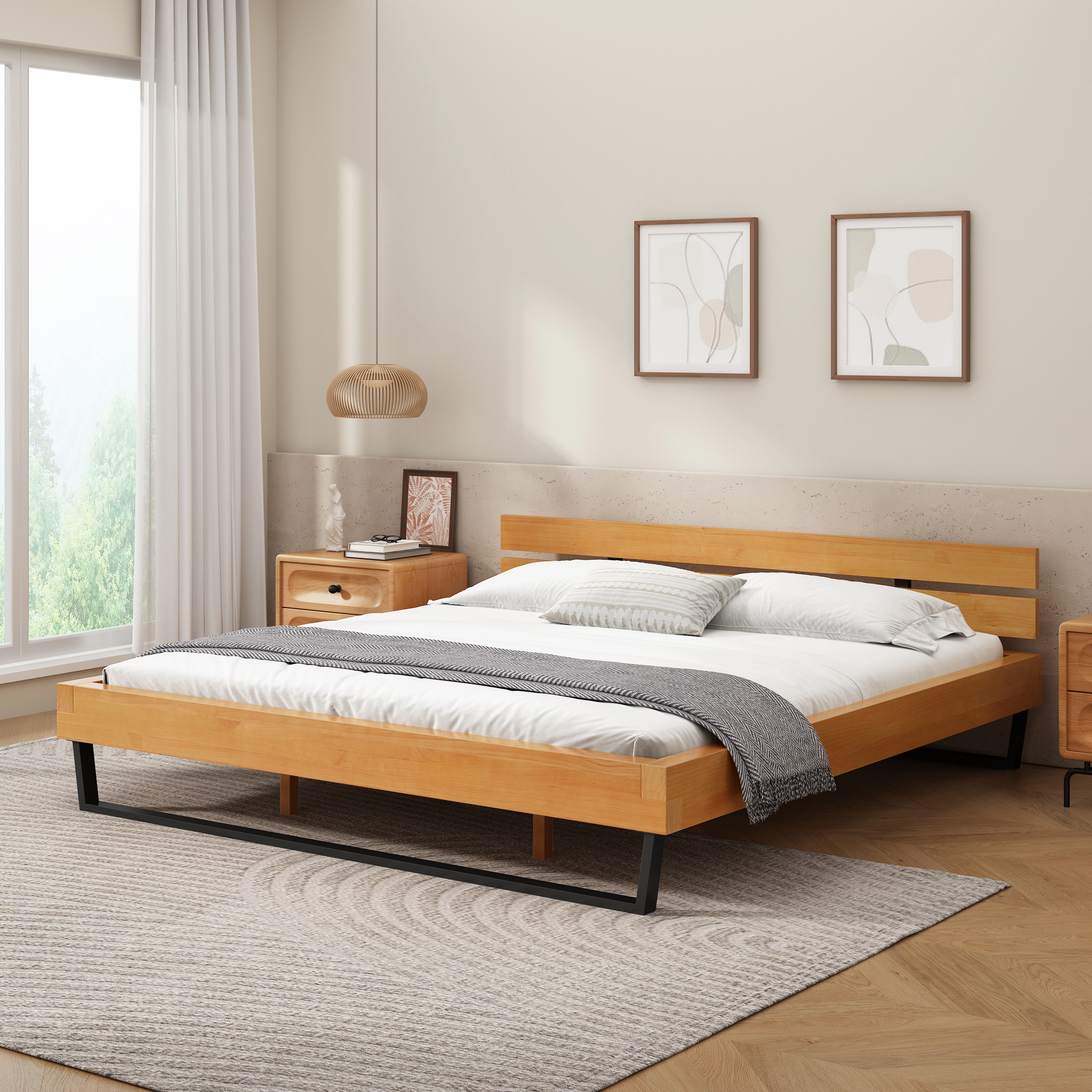 Flynama King Pine Wood Bed Frame, Natural & Black