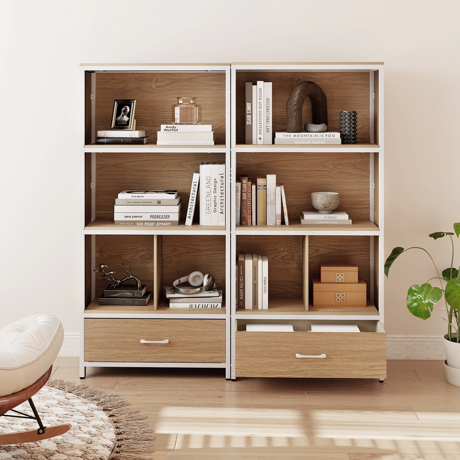 Costway 5-Tier Industrial Freestanding Bookcase with 4 Storage Compartments & Fabric Drawer Rustic Brown + Black