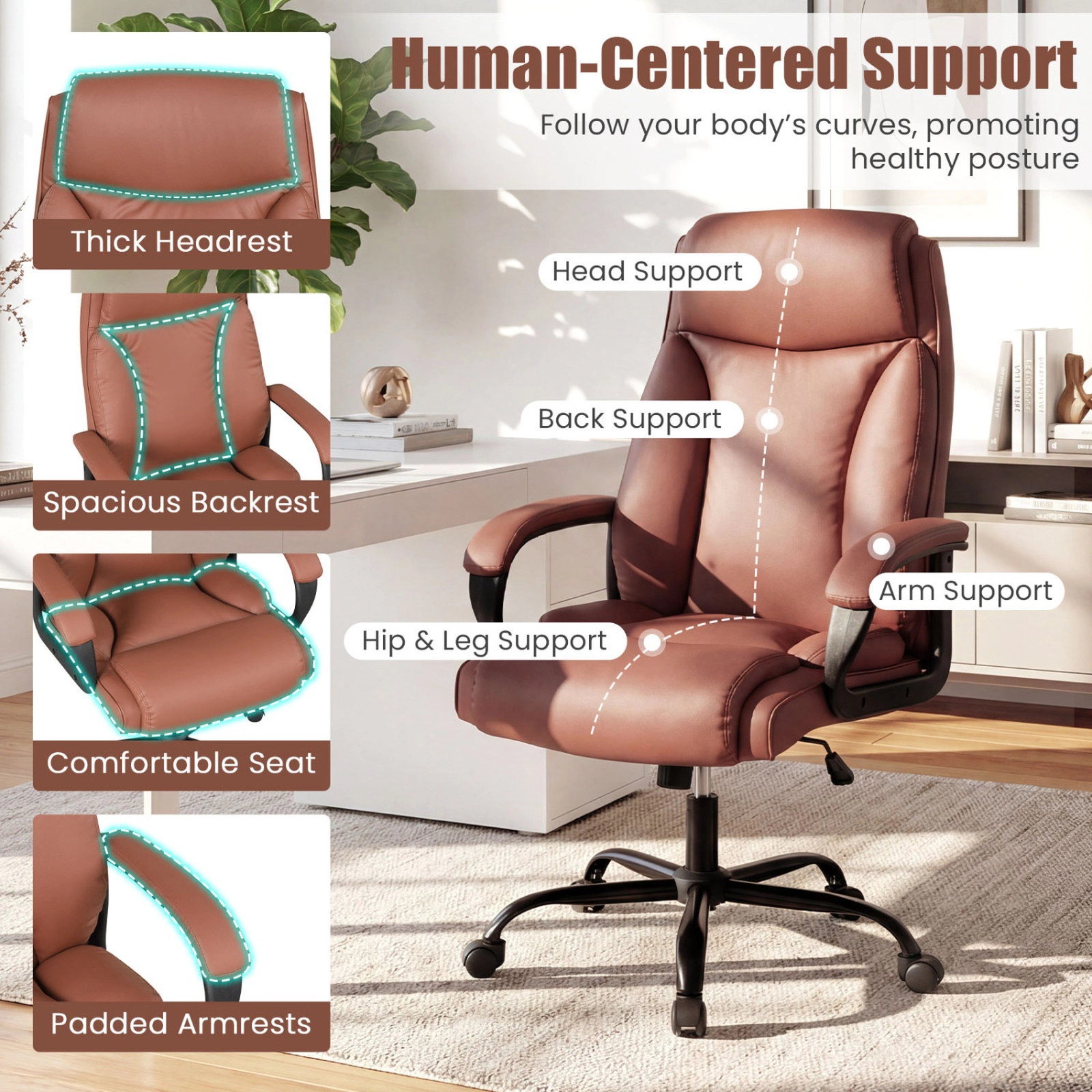 SUGIFT 400 LBS Big and Tall Executive Office Chair Brown High Back Leather Chair