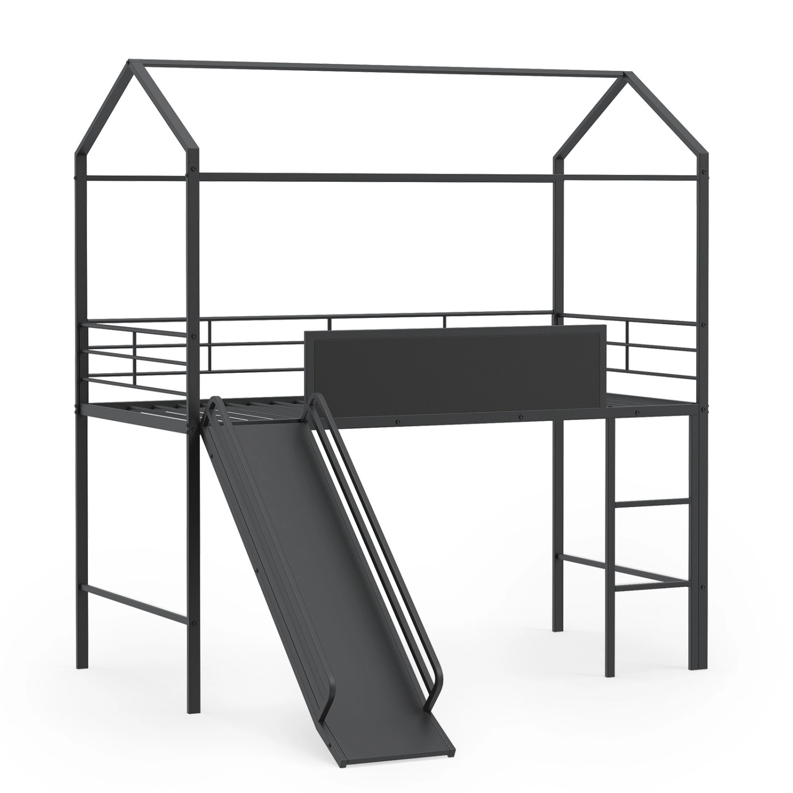 SUGIFT Black House Frame Slide Ladder and Chalkboard Kids Twin Loft Bed