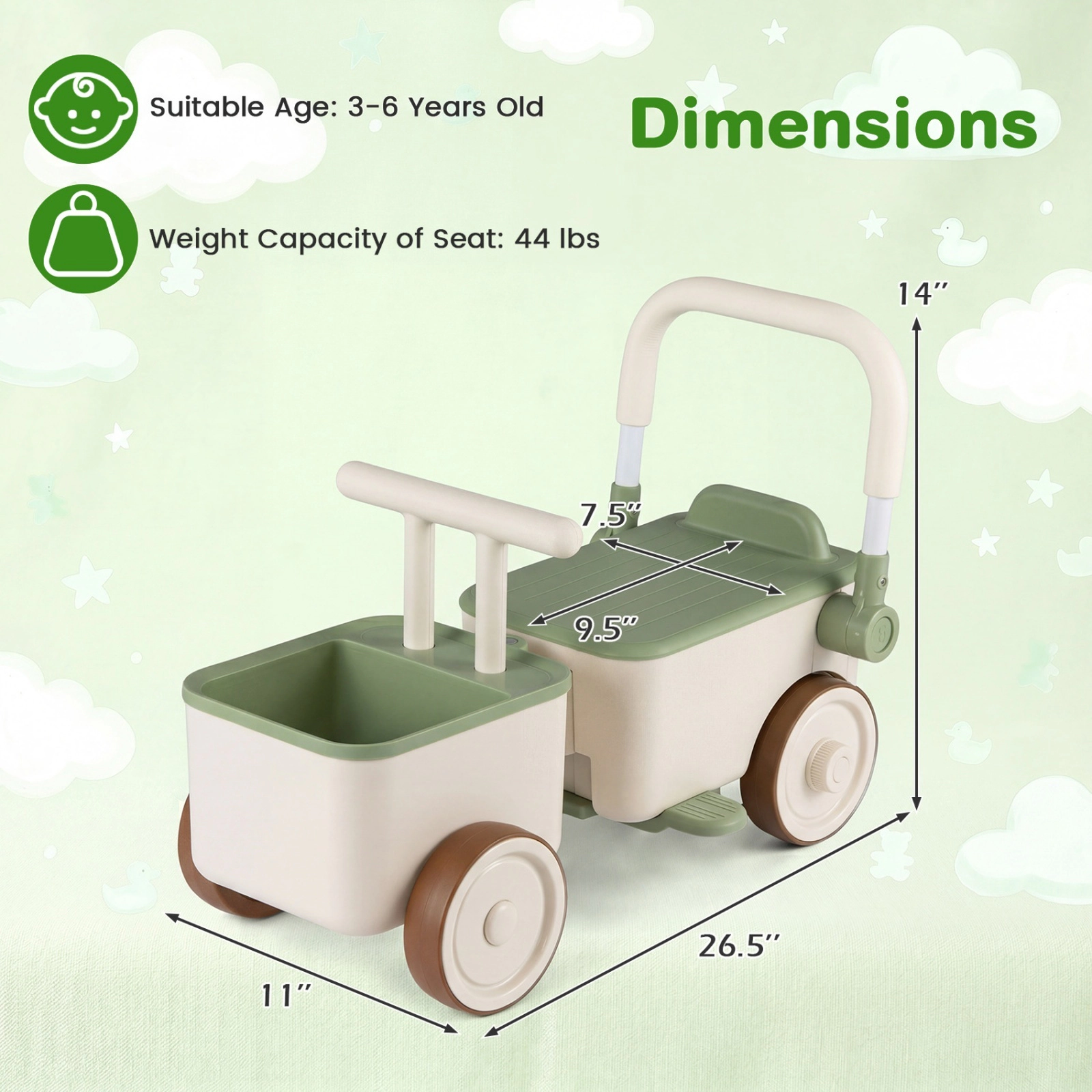 Kids Push Car 3-in-1 Ride On Toy Front Tow Rope Ergonomic Handlebar Deep Storage Ages 3-6 Green Toddler Sliding Car