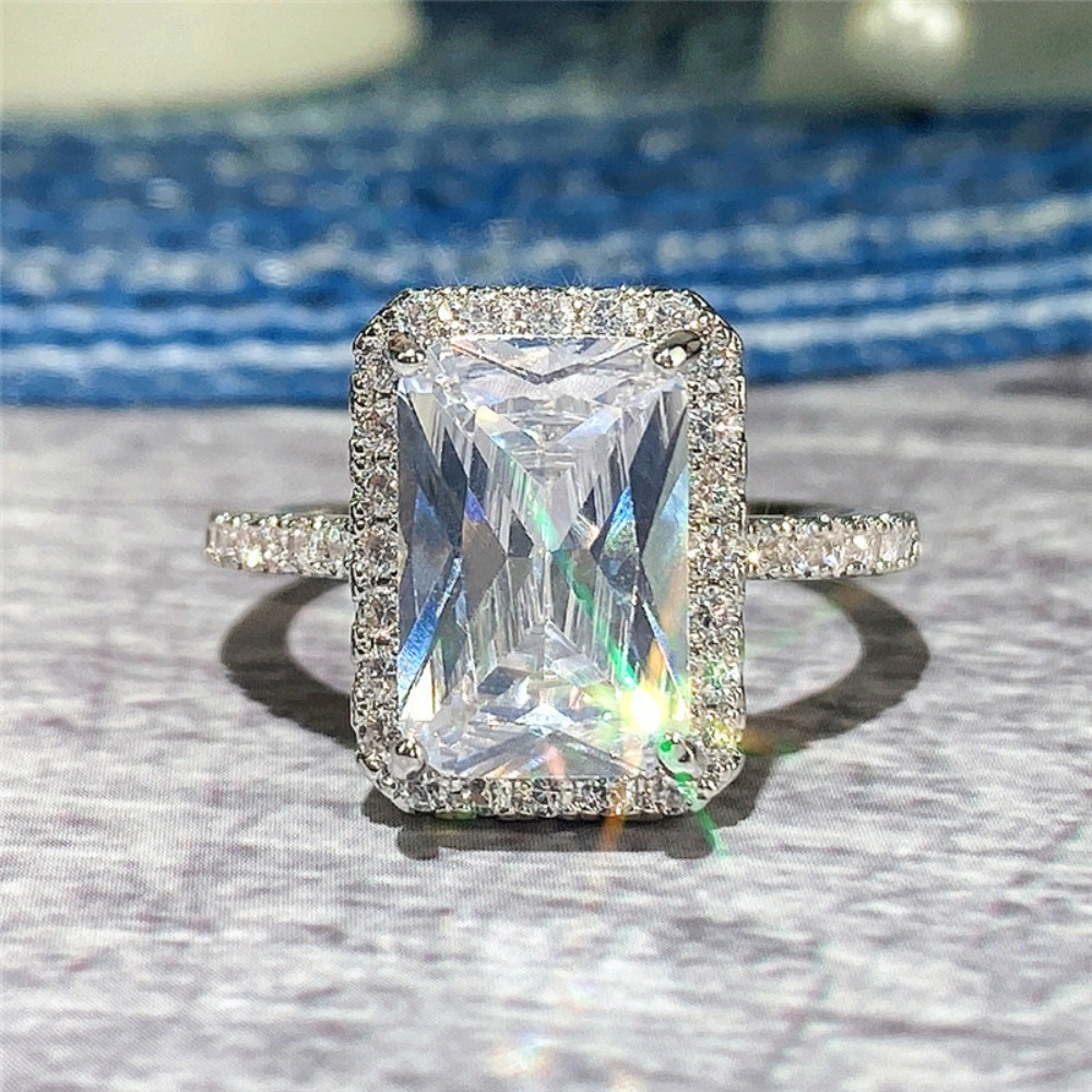 White Gold Plated Square Cubic Zirconia Elegant Minimalist Engagement Ring