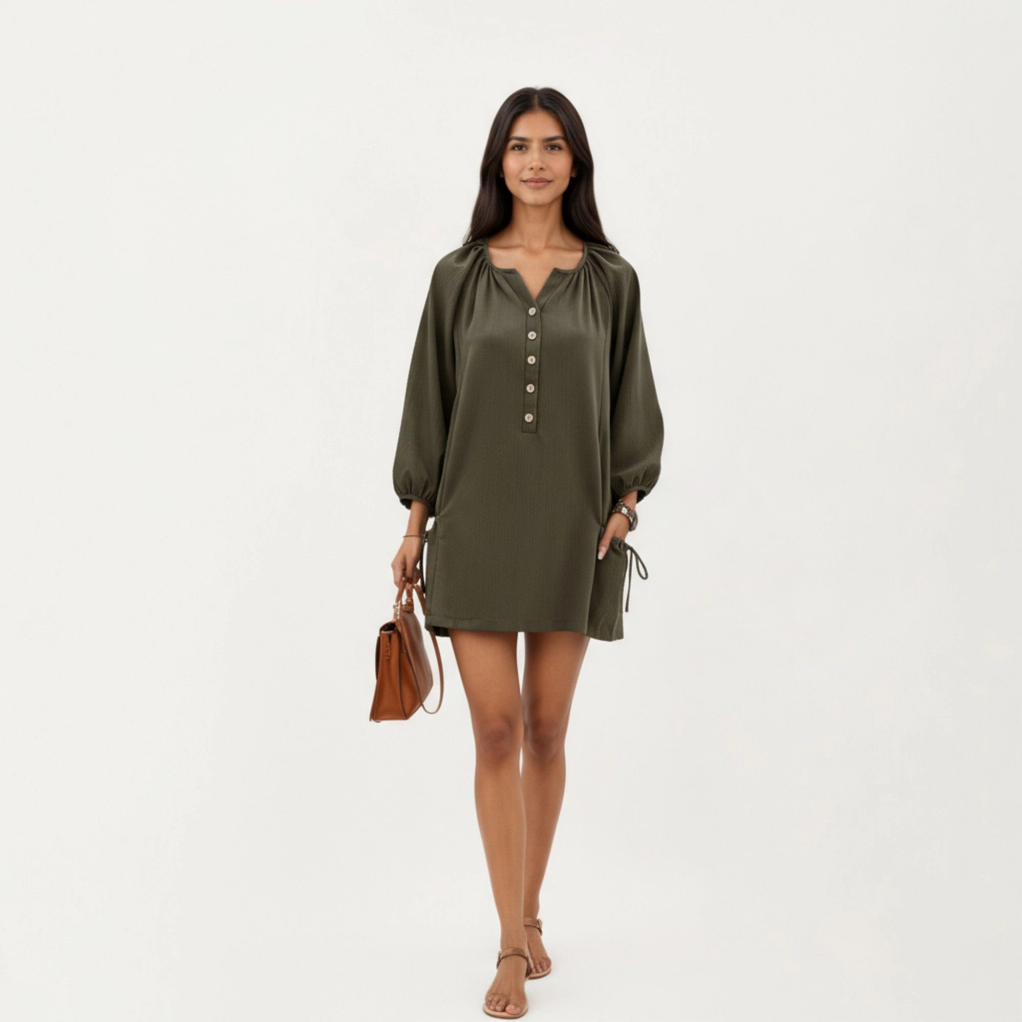 Anna-Kaci Women's Long Sleeve Button Front Side Tie Relaxed Fit Mini Dress