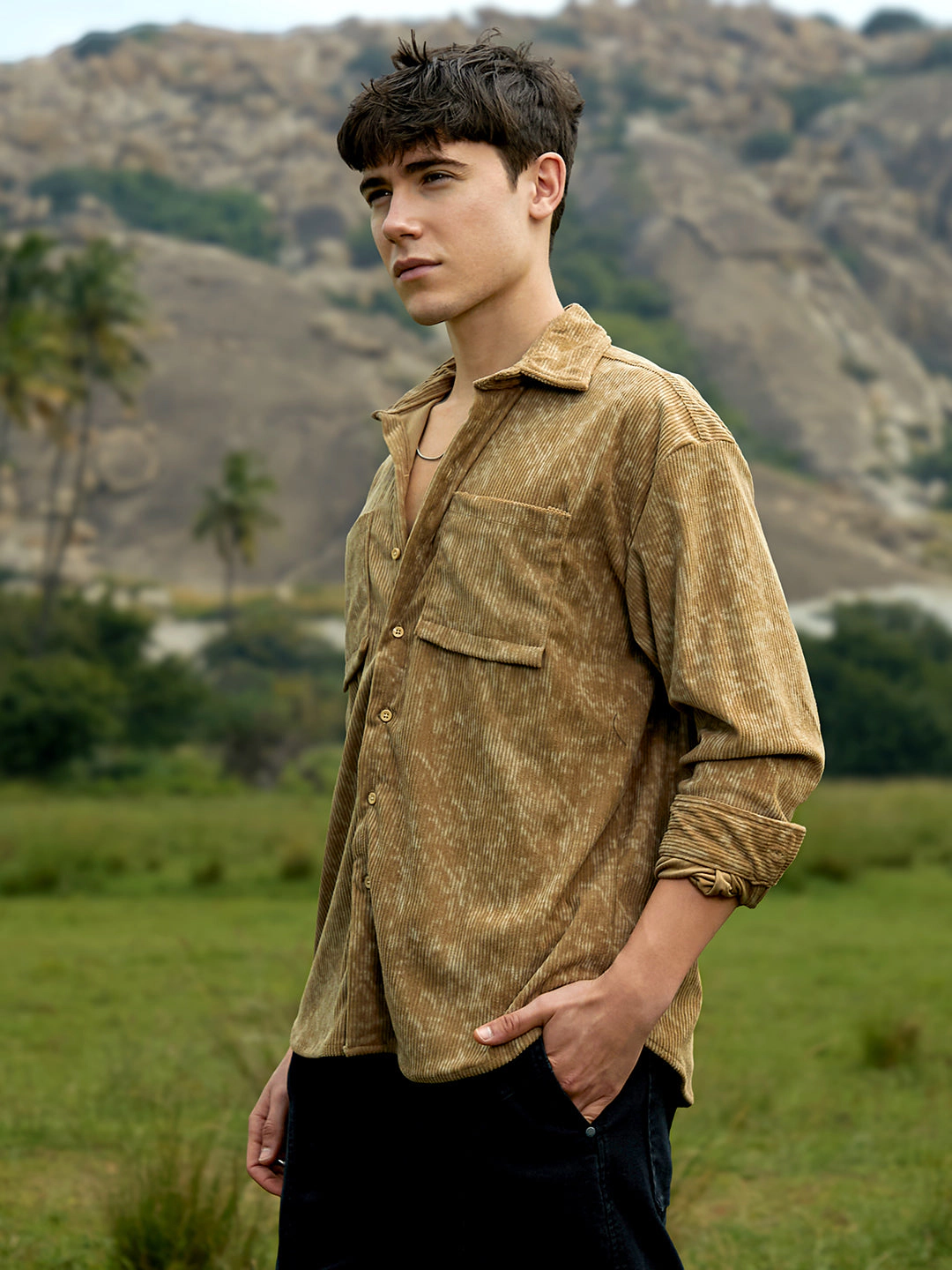 Campus Sutra Men's Faded Corduroy Oversized Shirt