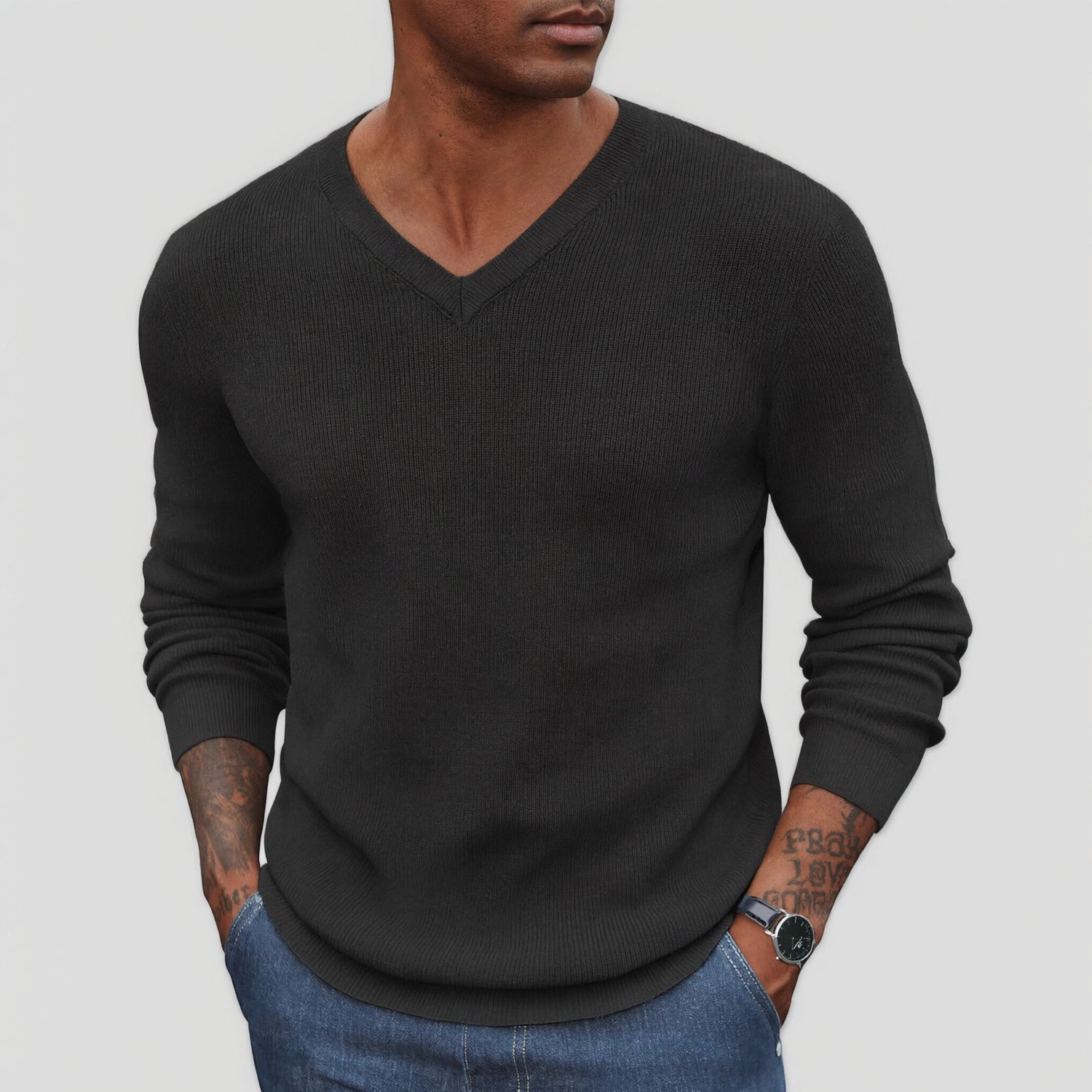 COOFANDY Mens Fall V Neck Long Sleeve Sweater Solid Color Curved Hem Pullover Tops