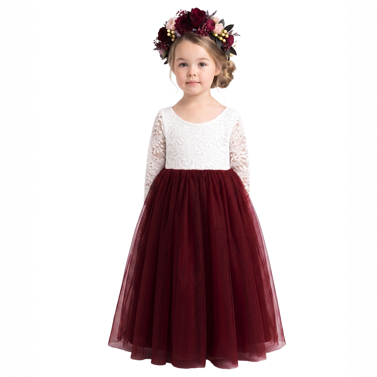 2Bunnies Girls' Peony Lace 3/4-Sleeve Tulle Maxi Boho Flower Girl Dress