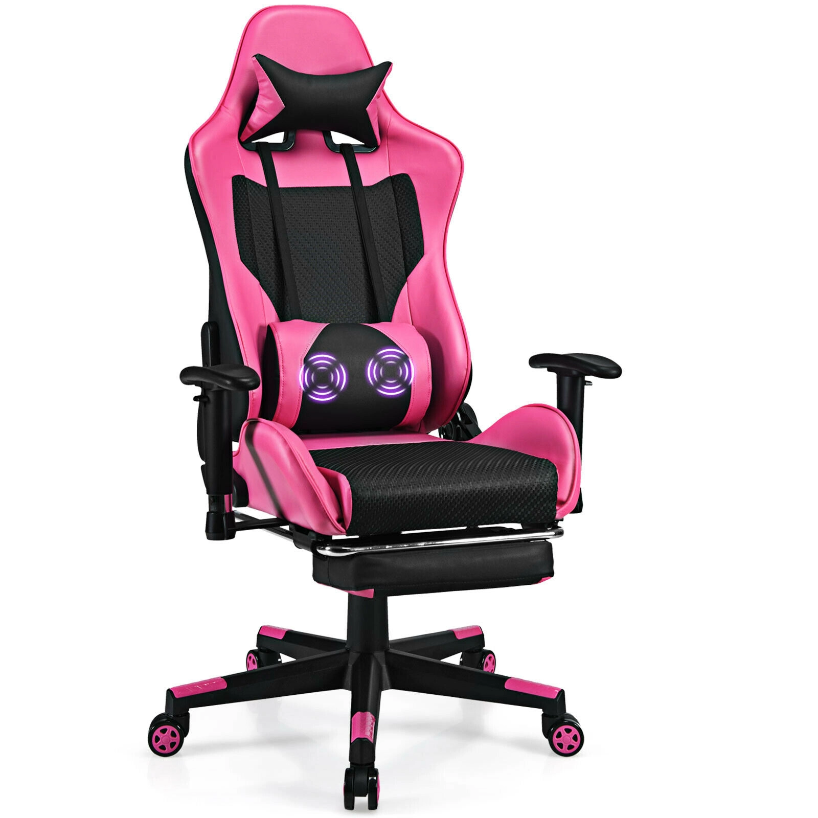 SUGIFT Pink USB Massage Lumbar Pillow and Retractable Footrest PU Leather Gaming Chair