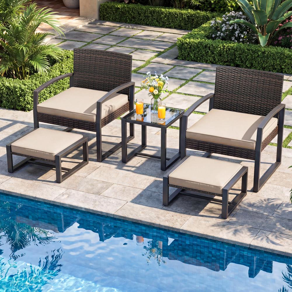 Hivvago 5-Piece Patio Conversation Set With 2 Ottomans And Tempered Glass Side Table