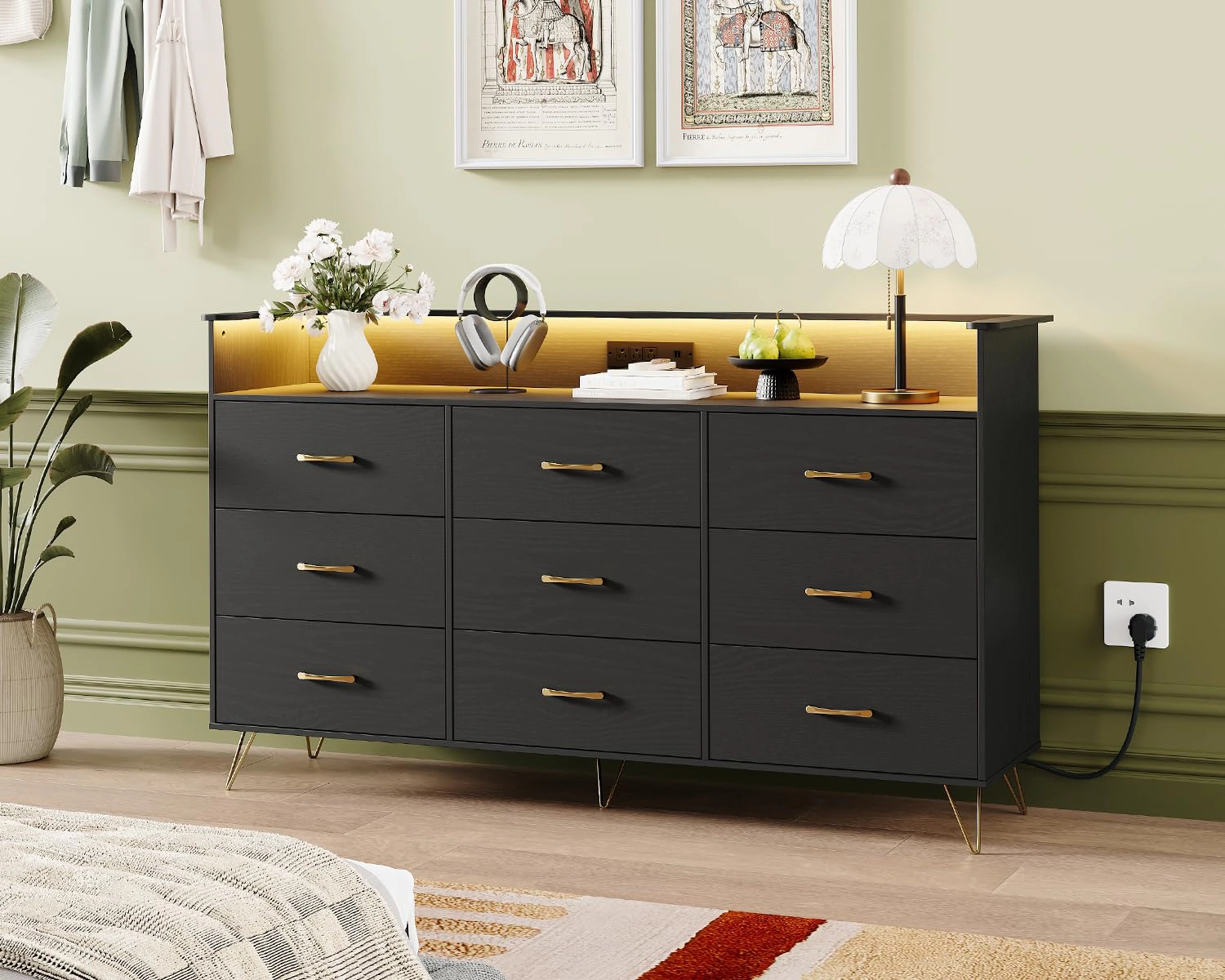 9 Drawer Dresser with App RGB LED Lights & Charging Station, Wood Storage Chest