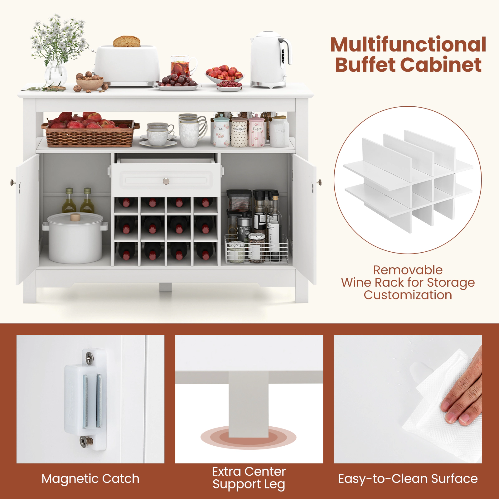 Glintex 45.5-Inch Buffet Cabinet with Removable Wine Rack and Open Shelf, White