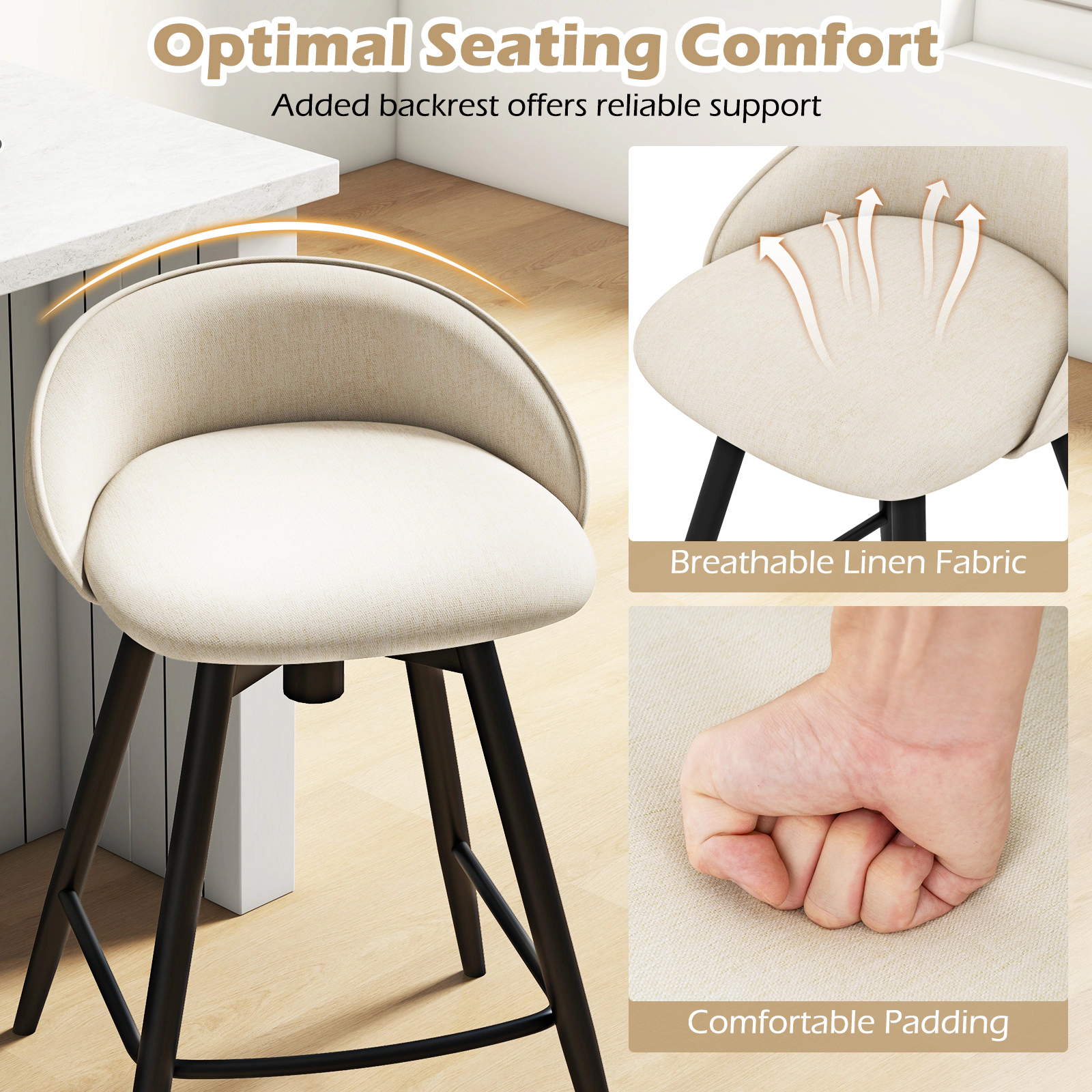 SUGIFT Set of 2 Linen Swivel Counter-Height Bar Stools, 330-lb Capacity, 25-in Seat, 7.5-in Footrest