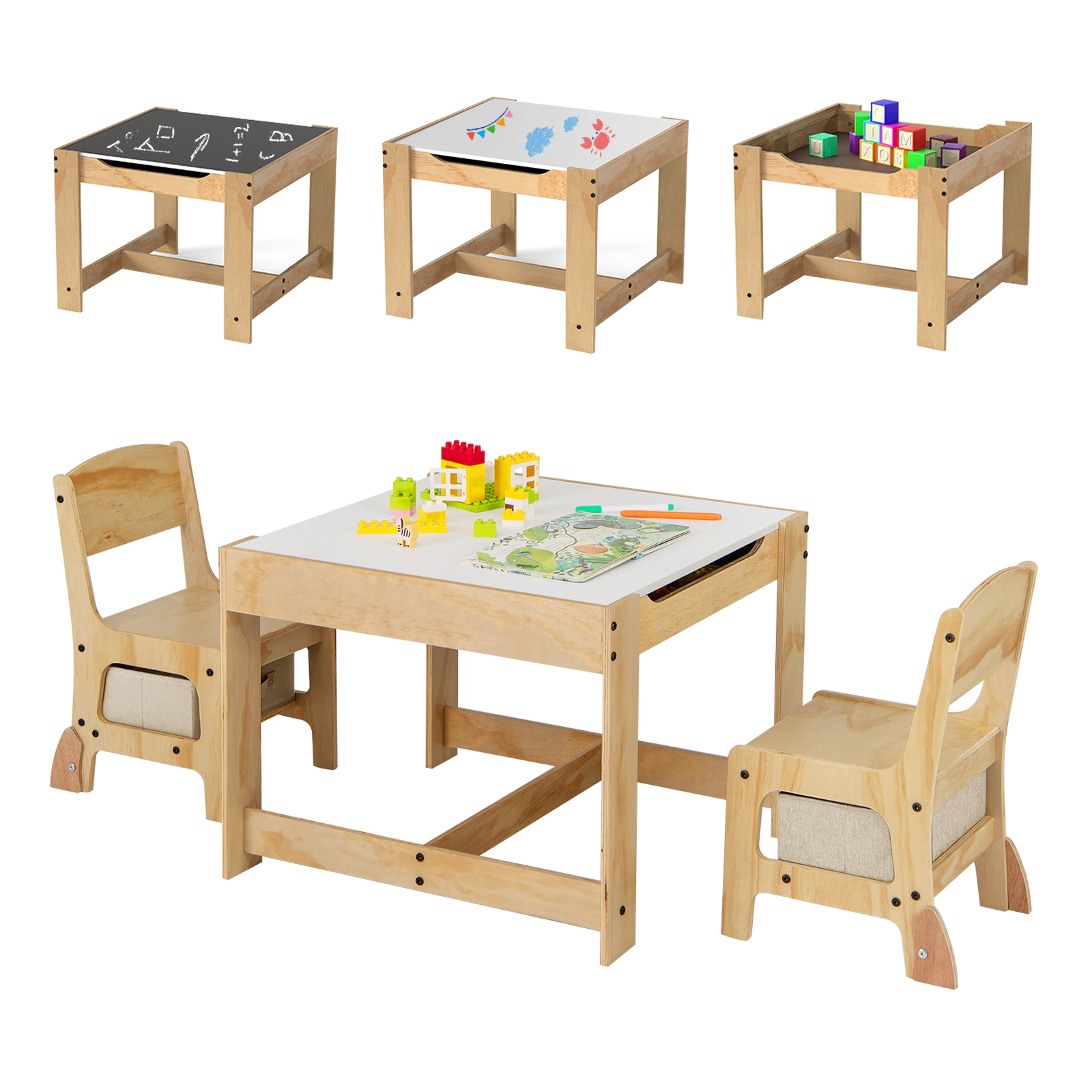 SUGIFT 3-in-1 Kids Table & Chair Set Removable Double-Sided Top 100-lb Table Capacity Ages 3+ Natural & Gray/Natural