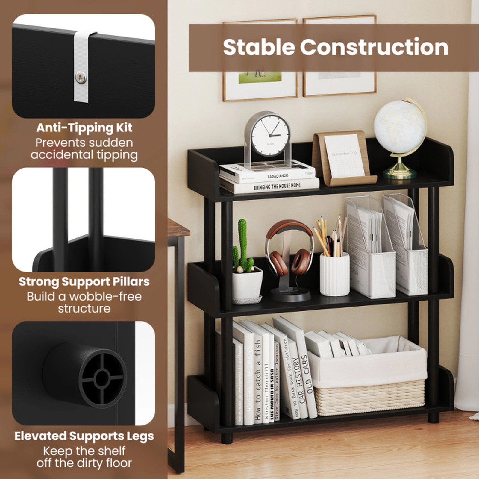 SUGIFT 3-Tier 31.5-in Wide Industrial Bookshelf Storage Organizer with Anti-Tipping Kit and Guardrails