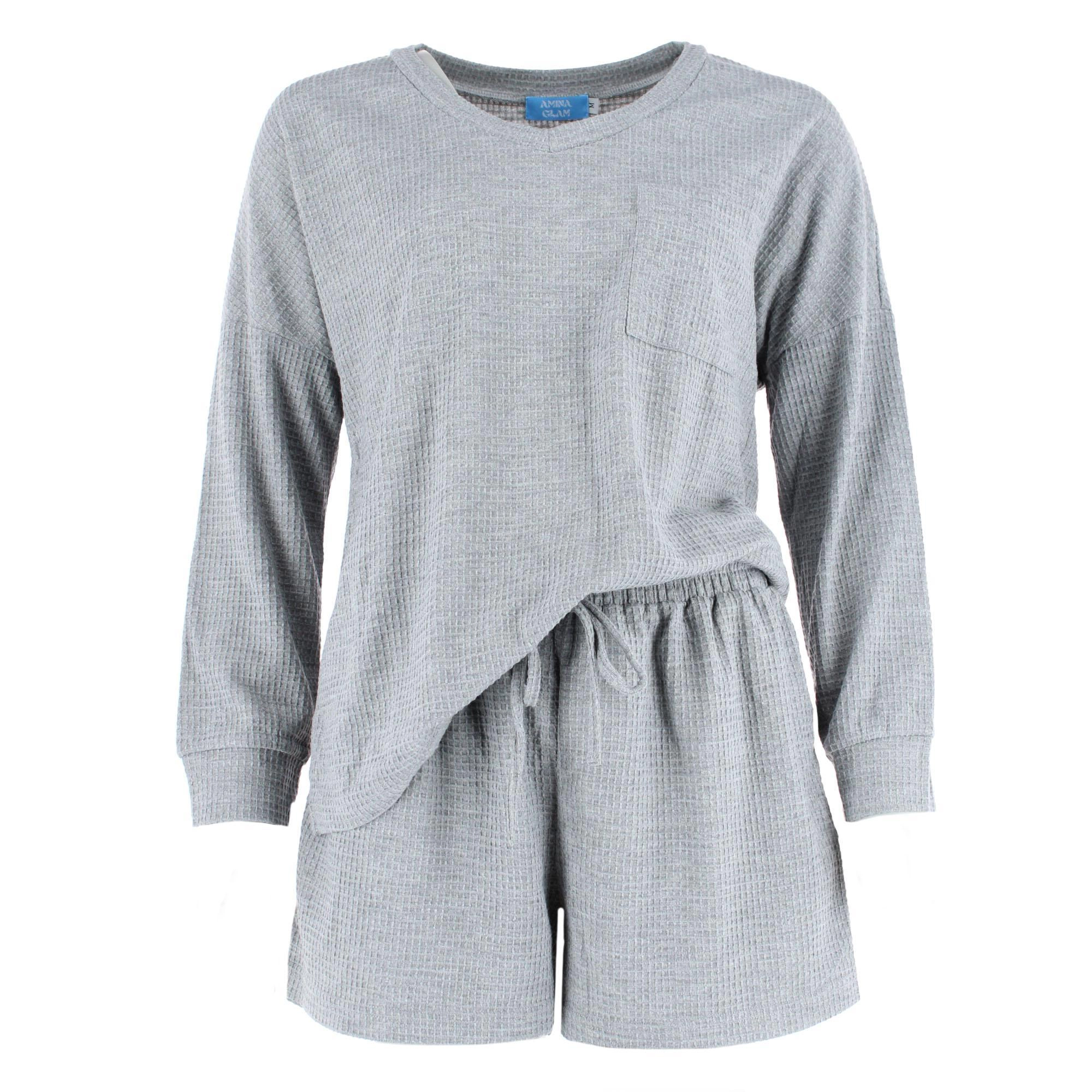 CTM Women's Waffle Knit V Neck Pajama Set