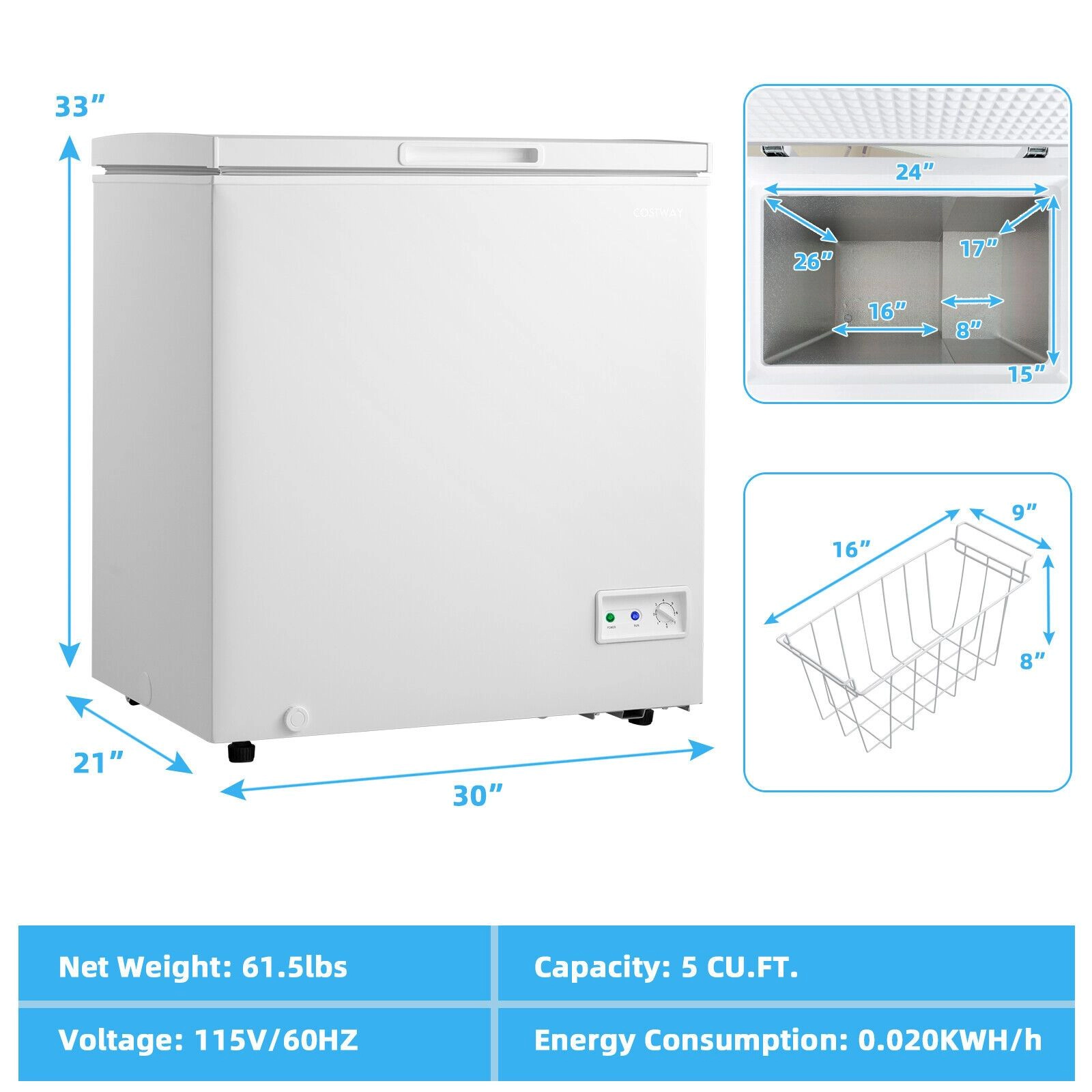 SlickBlue Compact Chest Freezer with Adjustable Temperature Control