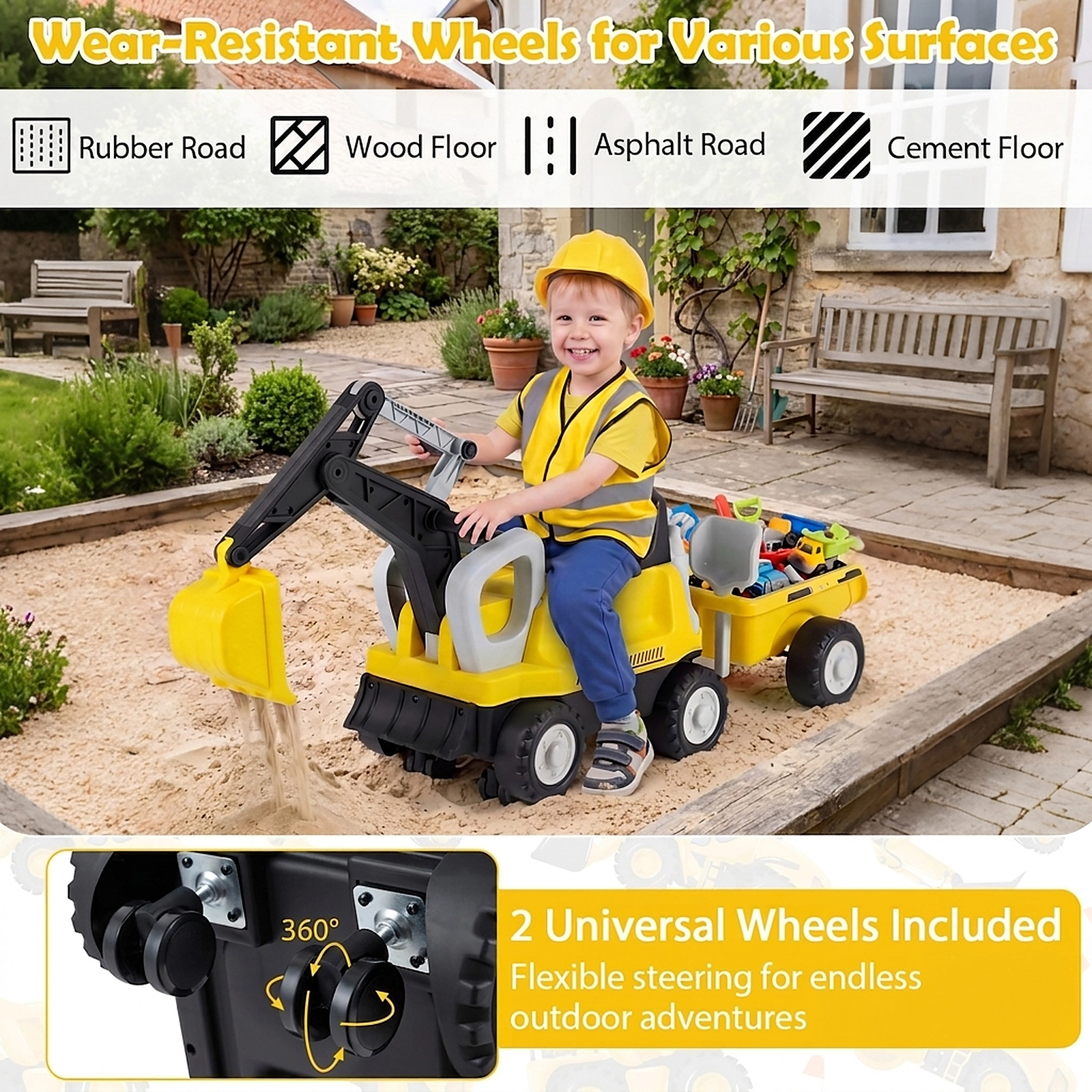SUGIFT 2-in-1 Kids Ride-On Tractor and Car with Digging Arm and Detachable Trailer 55-lb Capacity Ages 3+ Green/Yellow