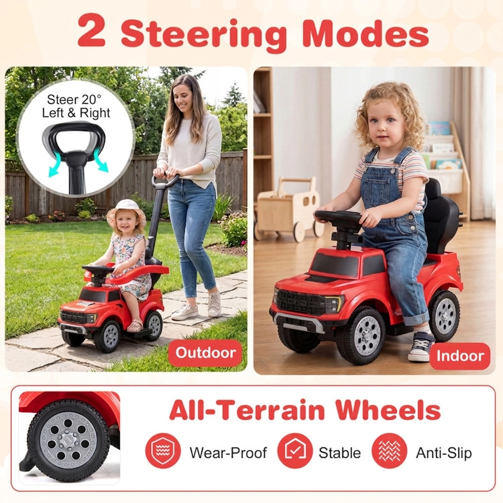 SUGIFT Kids Push 3-in-1 Ride-On Ford Truck with LED Headlights and Storage Red