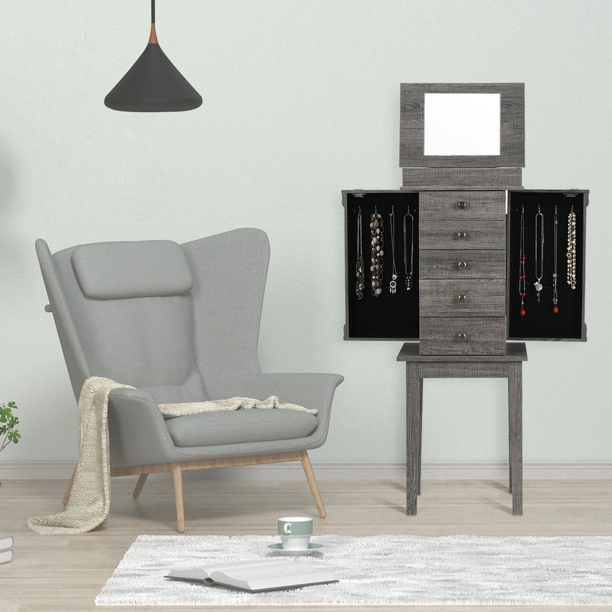 Slickblue Jewelry Storage Cabinet with Flip Top Mirror 5 Drawers Coffee Black Bedroom Chest