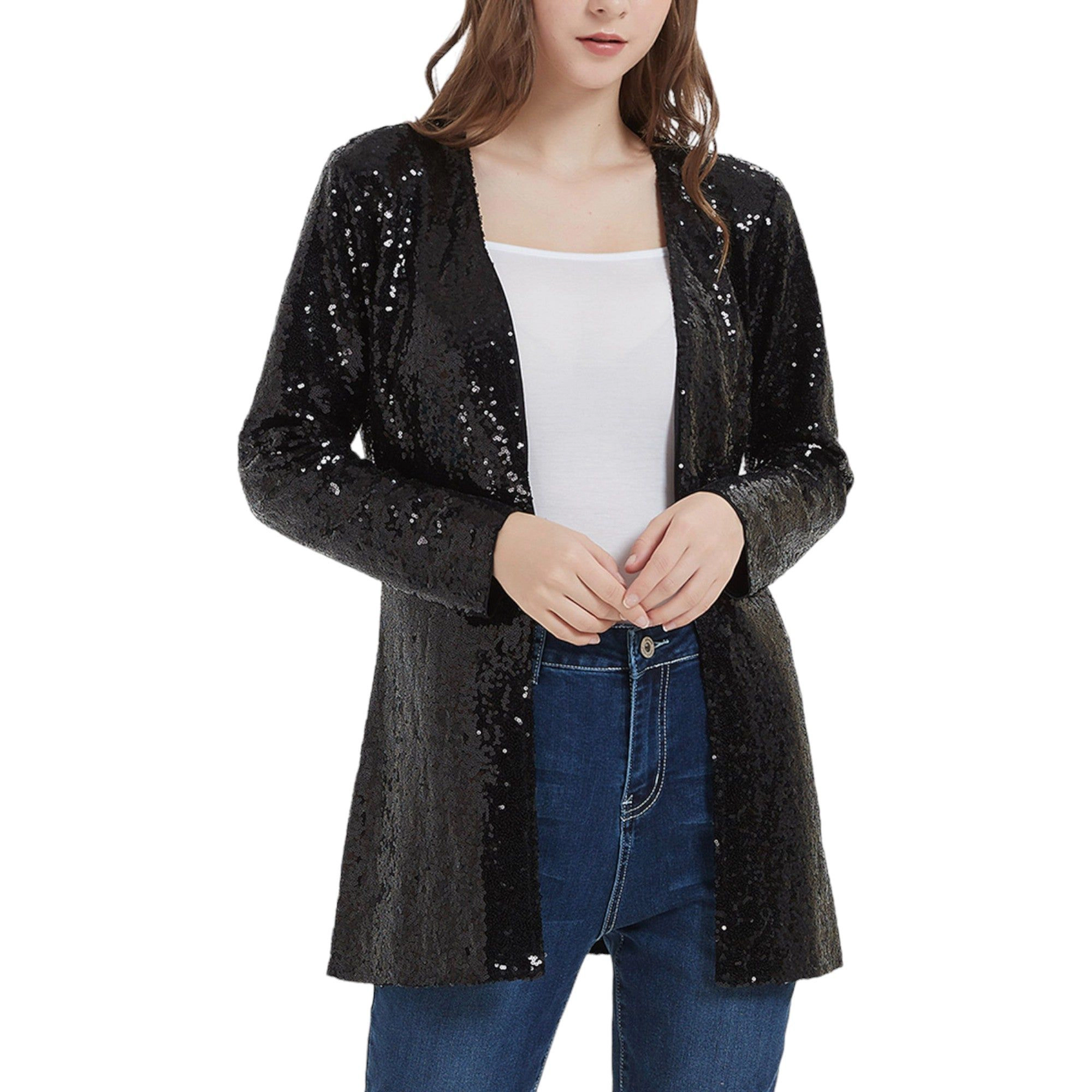 Anna-Kaci Women's Sequin Jacket Open Front Blazer
