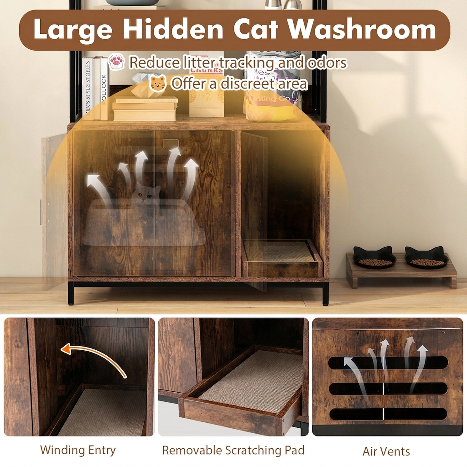 SUGIFT 33.5 x 61-in Rustic Brown Tall Cat Litter Box Enclosure with 3-Tier Storage Shelves and Side Entry