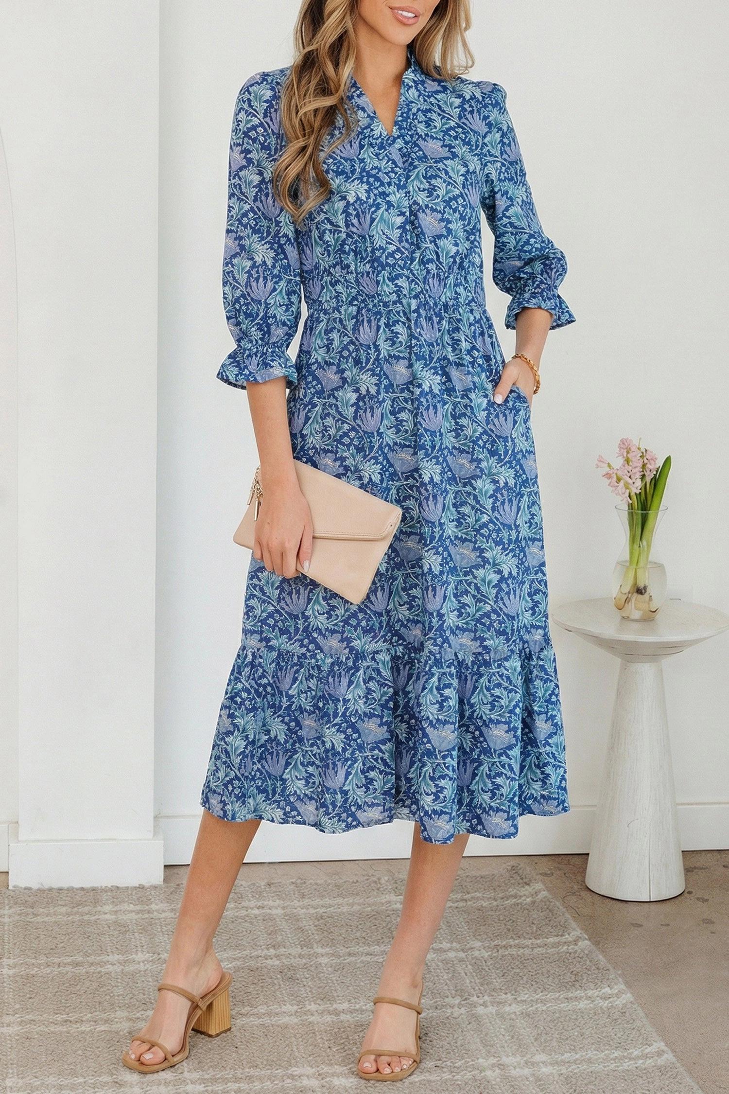 Threaded Pear Womens Athena Bracelet Sleeve Sky Blue Floral A-Line Dress
